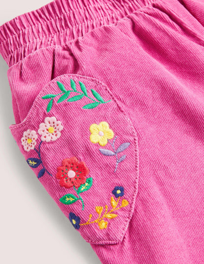 Lined Cord Pull-On Trousers-Shocking Pink Embroidery-3