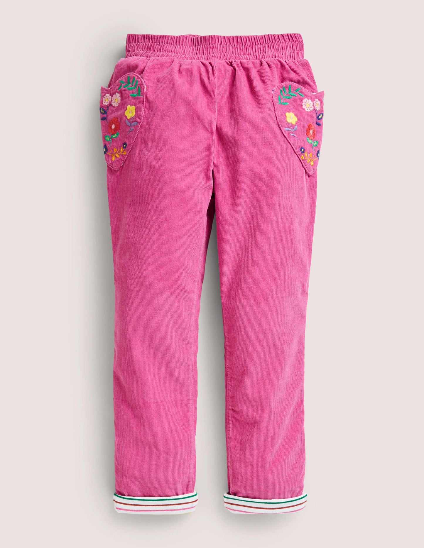 Lined Cord Pull-On Trousers-Shocking Pink Embroidery