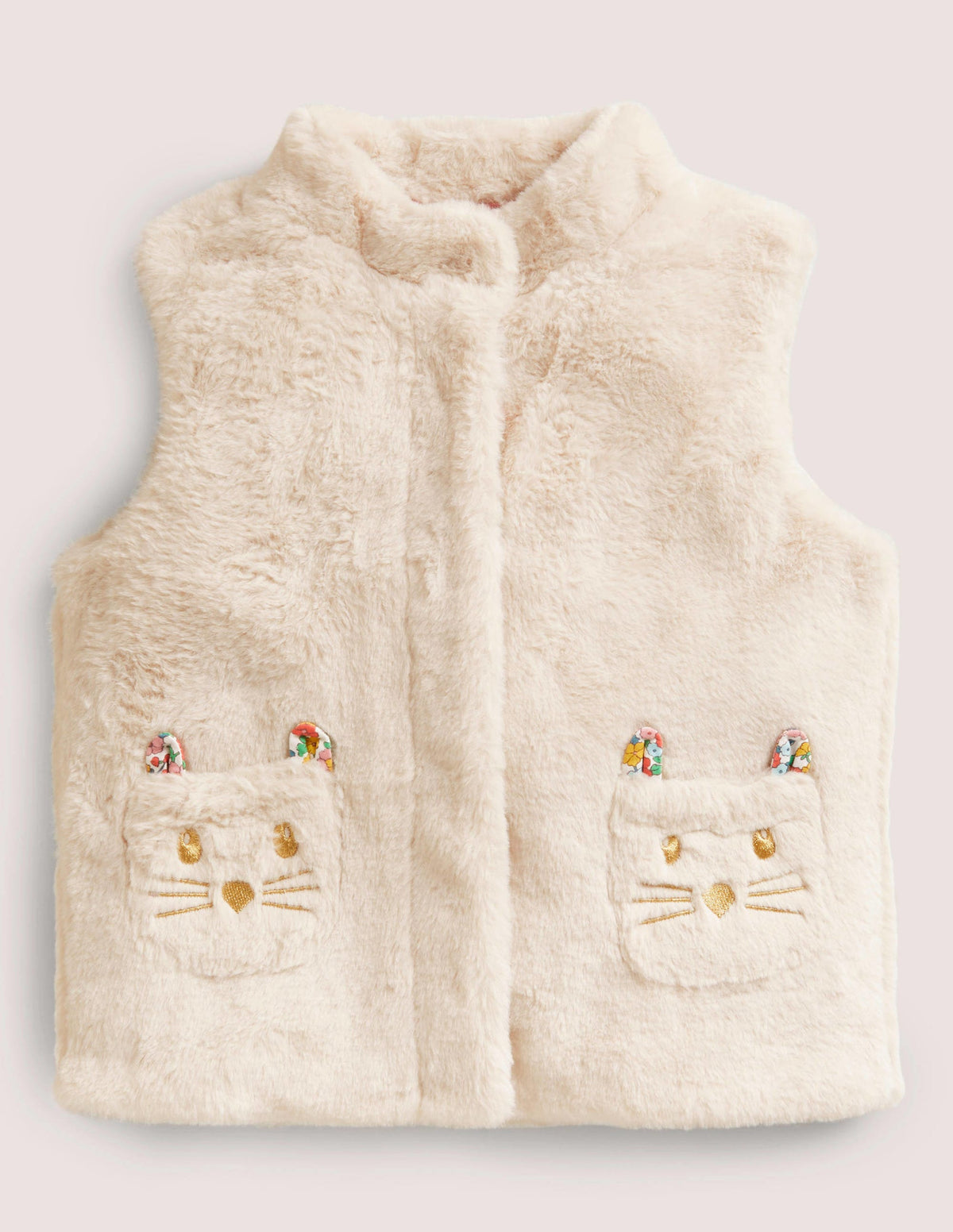 White Faux Fur Gilet with Cat Pockets-Oatmeal - Image 1