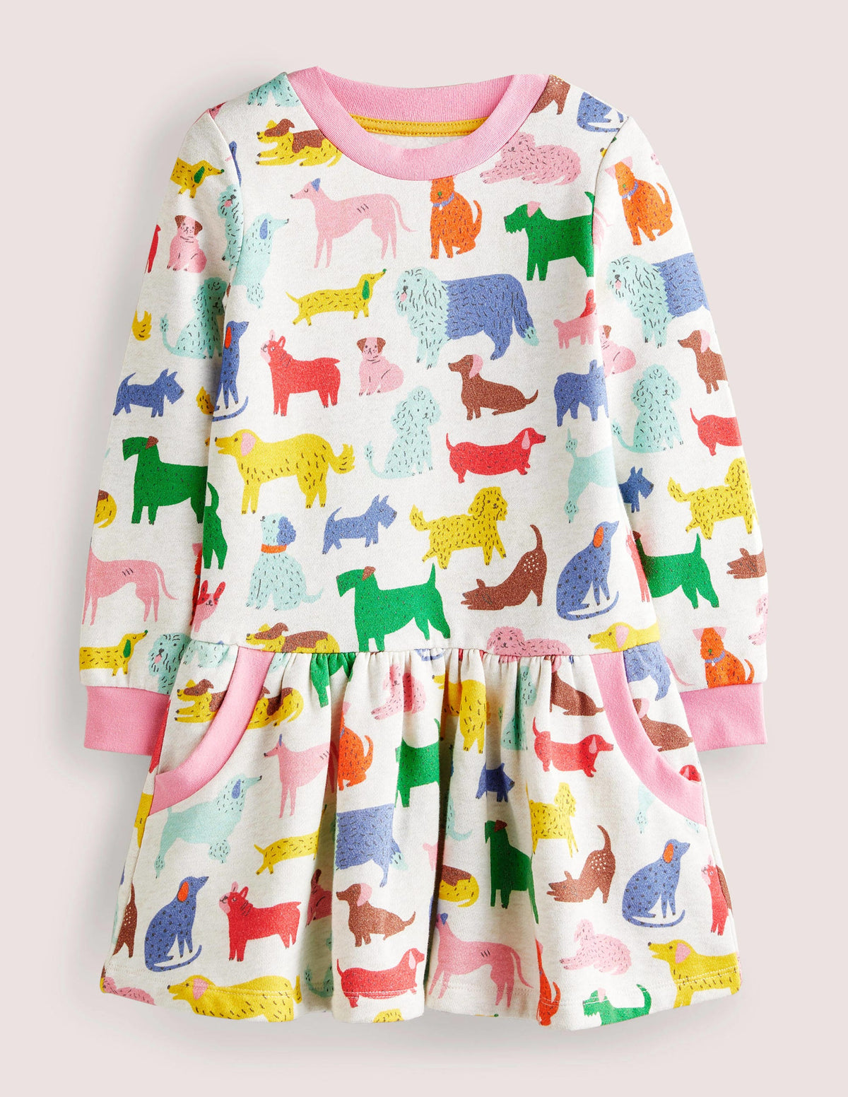 Cosy Printed Sweatshirt Dress-Oatmeal Marl Playful Pups - Image 1