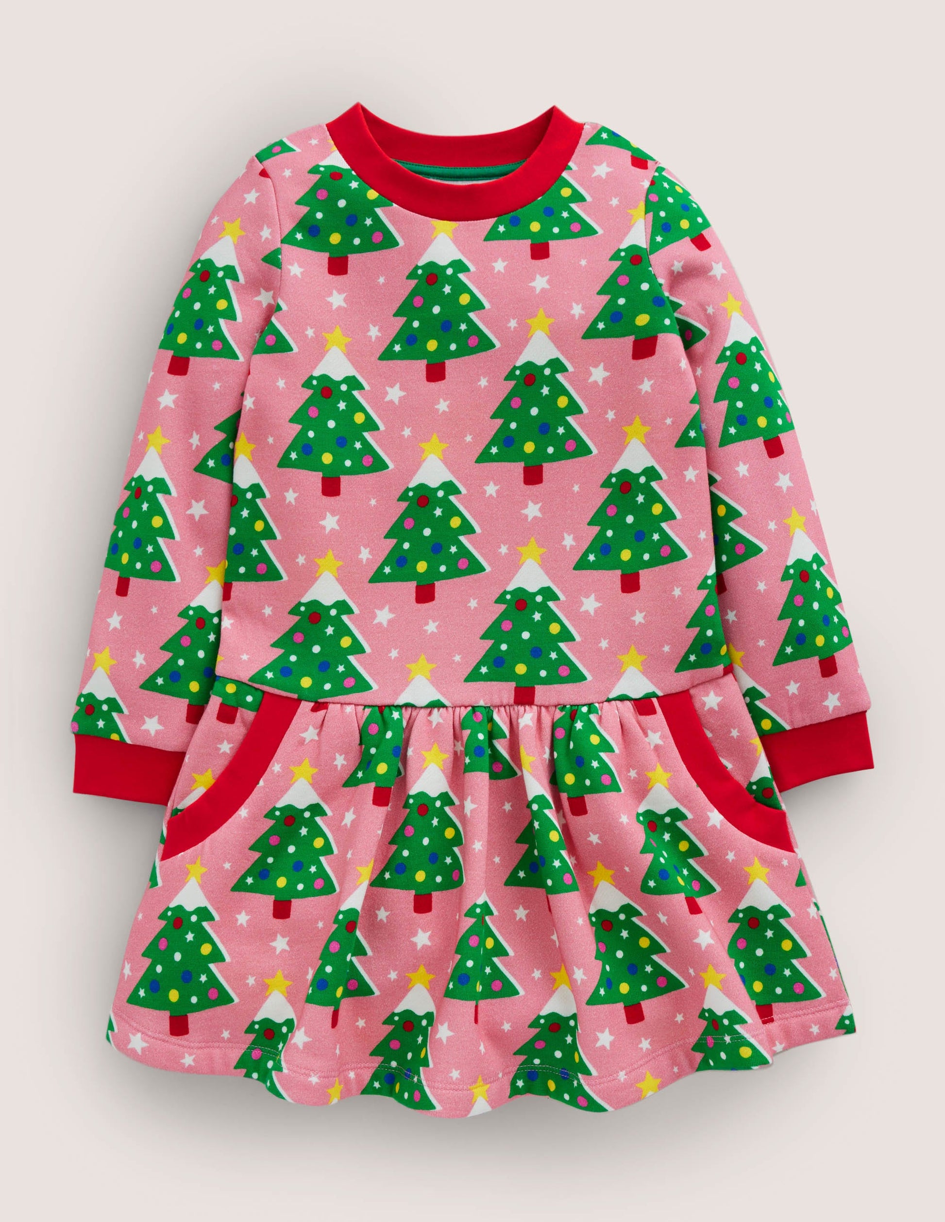 Cosy Printed Sweatshirt Dress-Formica Pink Christmas Trees-1