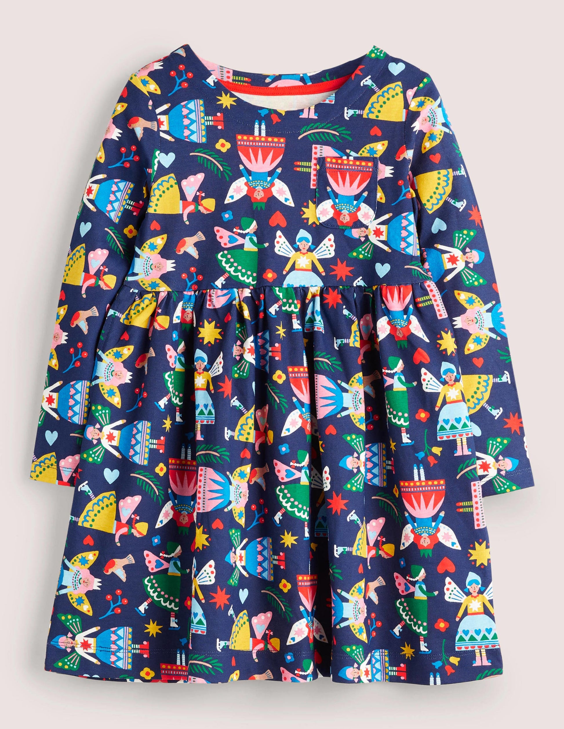 Long Sleeve Fun Jersey Dress-College Navy Folk Fairies-1