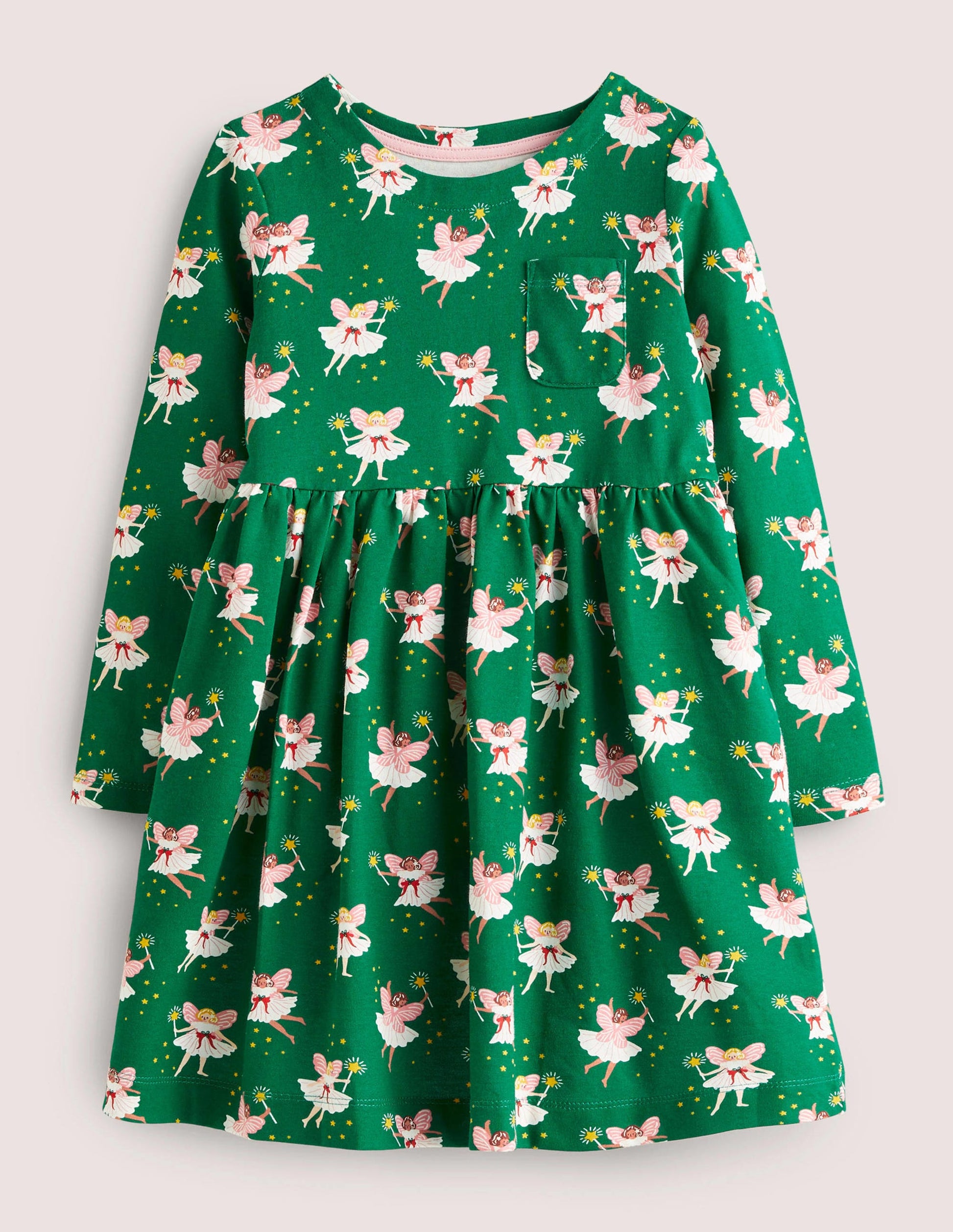 Long Sleeve Fun Jersey Dress-Shady Glade Green Fairies-1