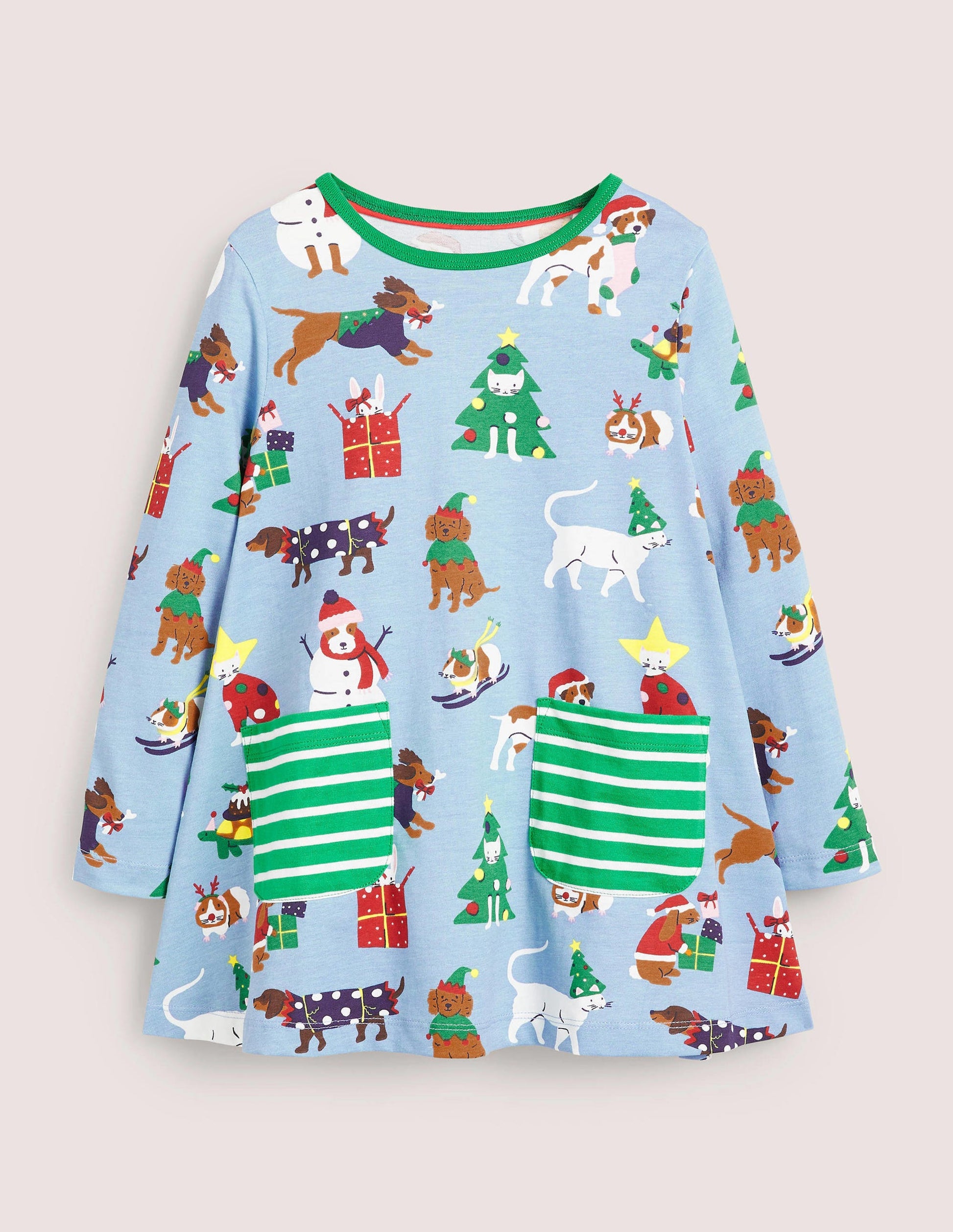 Printed Jersey Pocket Tunic-Dusty Blue Festive Pets-1