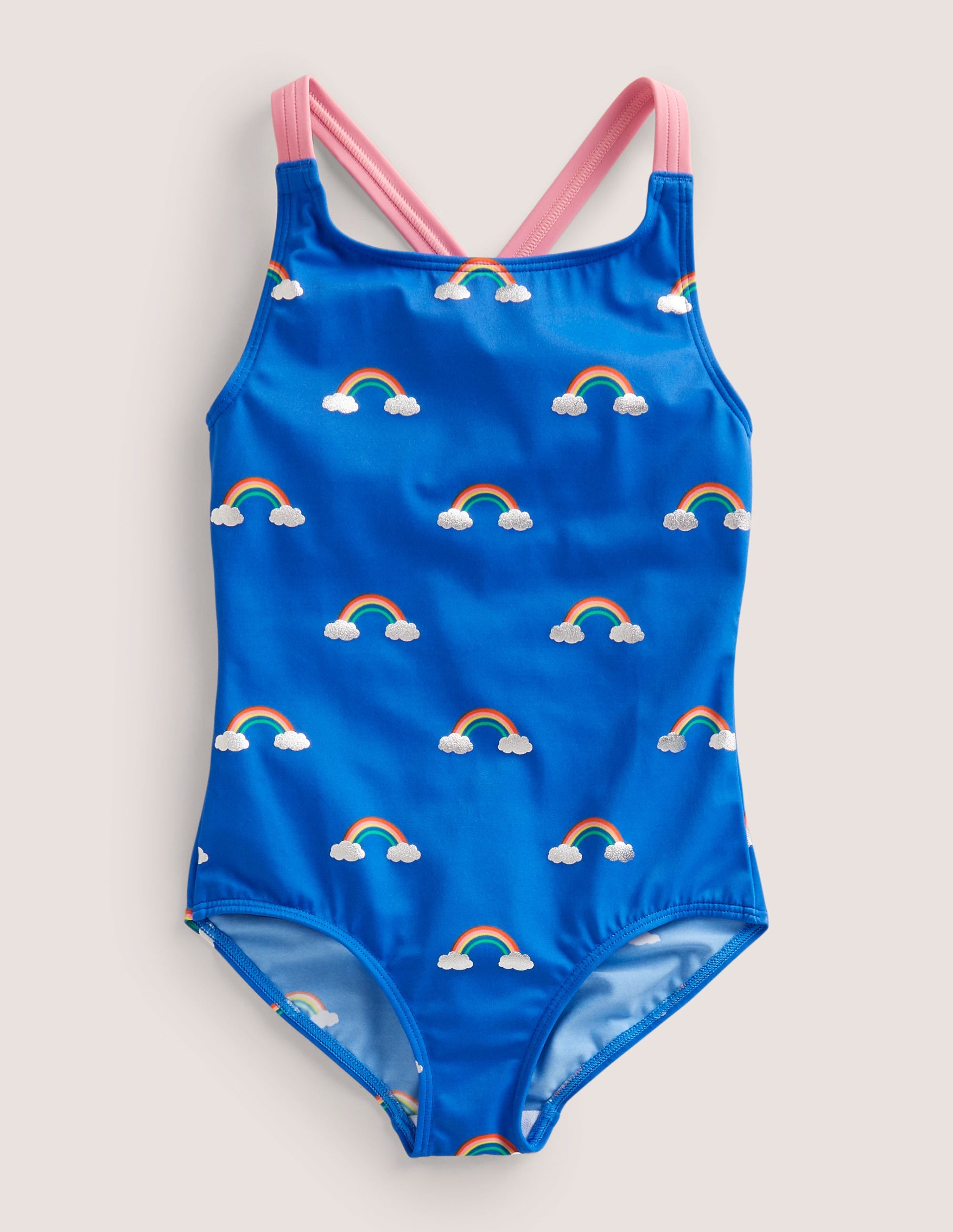 Cross-back Printed Swimsuit-Cabana Blue Rainbow Clouds - Image 1