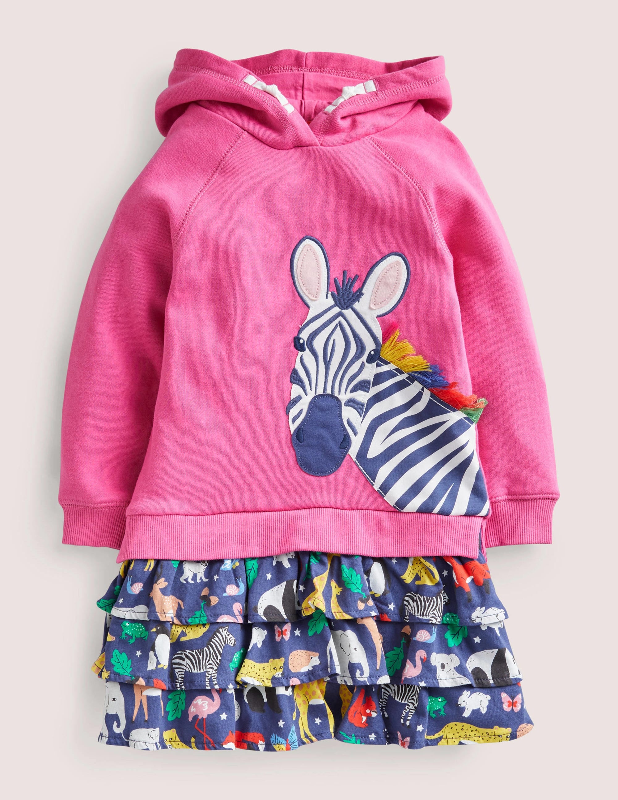 Hooded Appliqué Sweat Dress-Pink Global Animals Zebra - Image 1