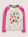 Raglan Festive Printed T-shirt-Strawberry Pink/Ivory