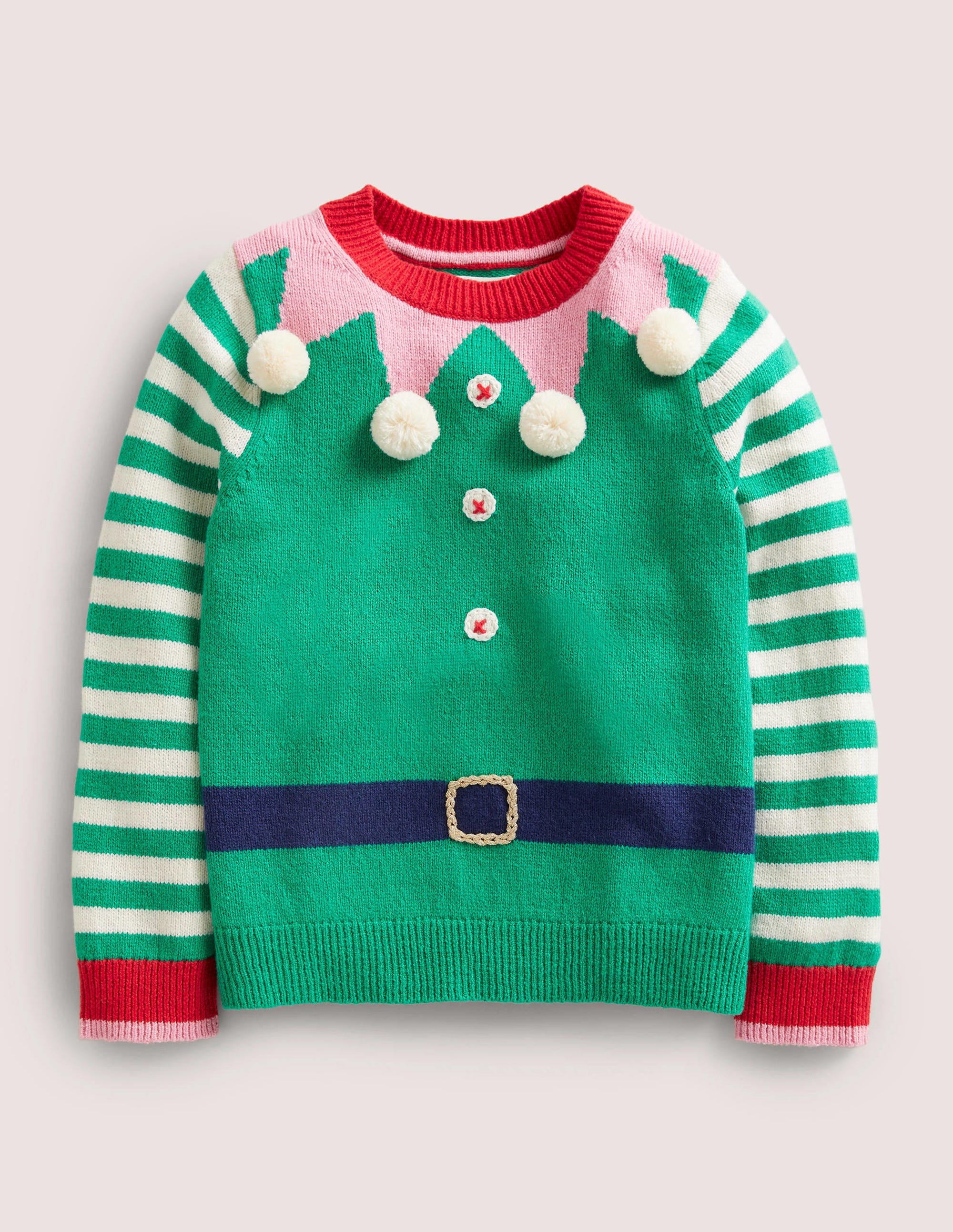 Green Stripe Elf Pompom Christmas Jumper-Green Pepper Elf - Image 1