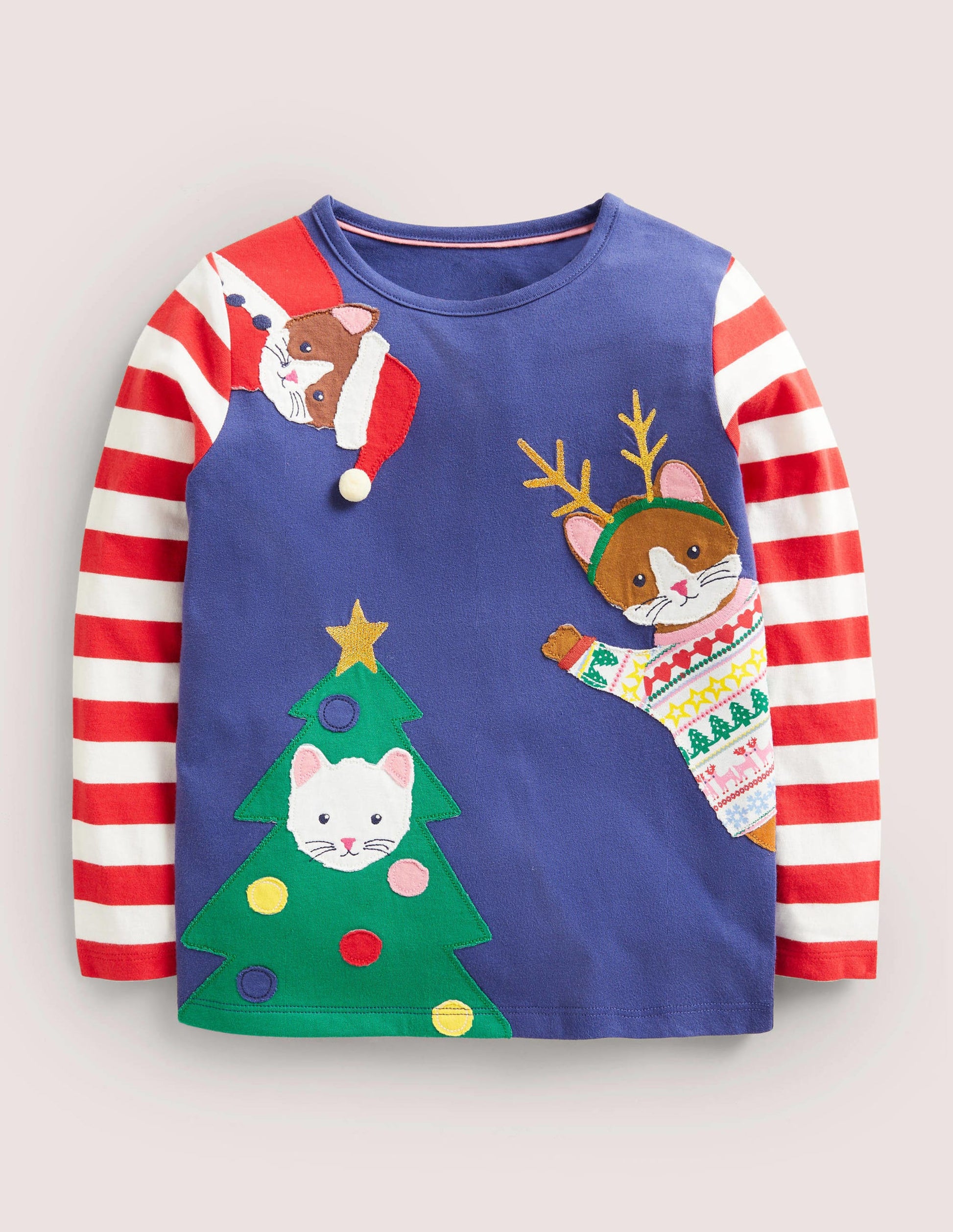 Christmas Appliqué T-shirt-Starboard Blue Festive Cats-1