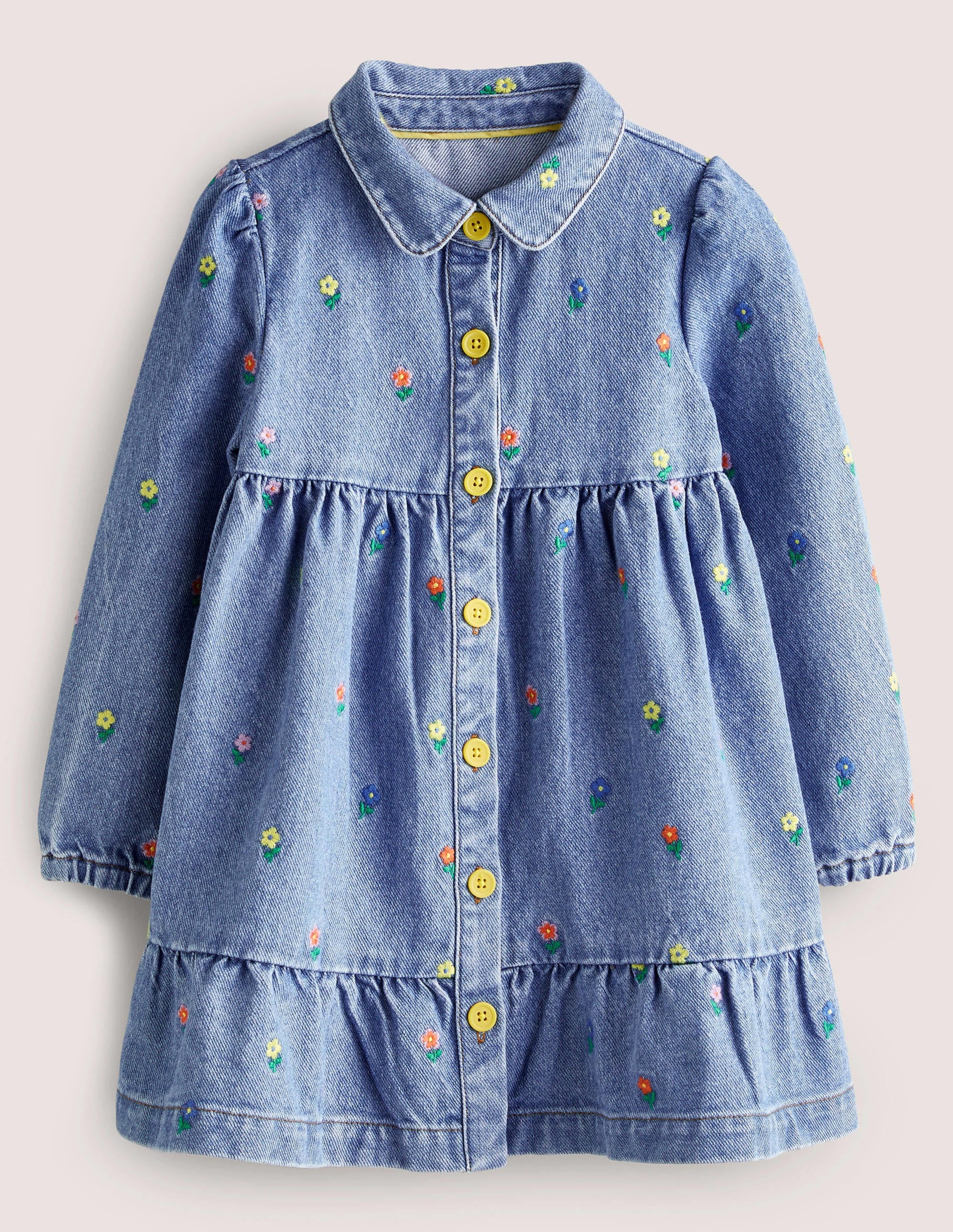 Long Sleeve Denim Dress-Mid Vintage Denim Flowers - Image 1