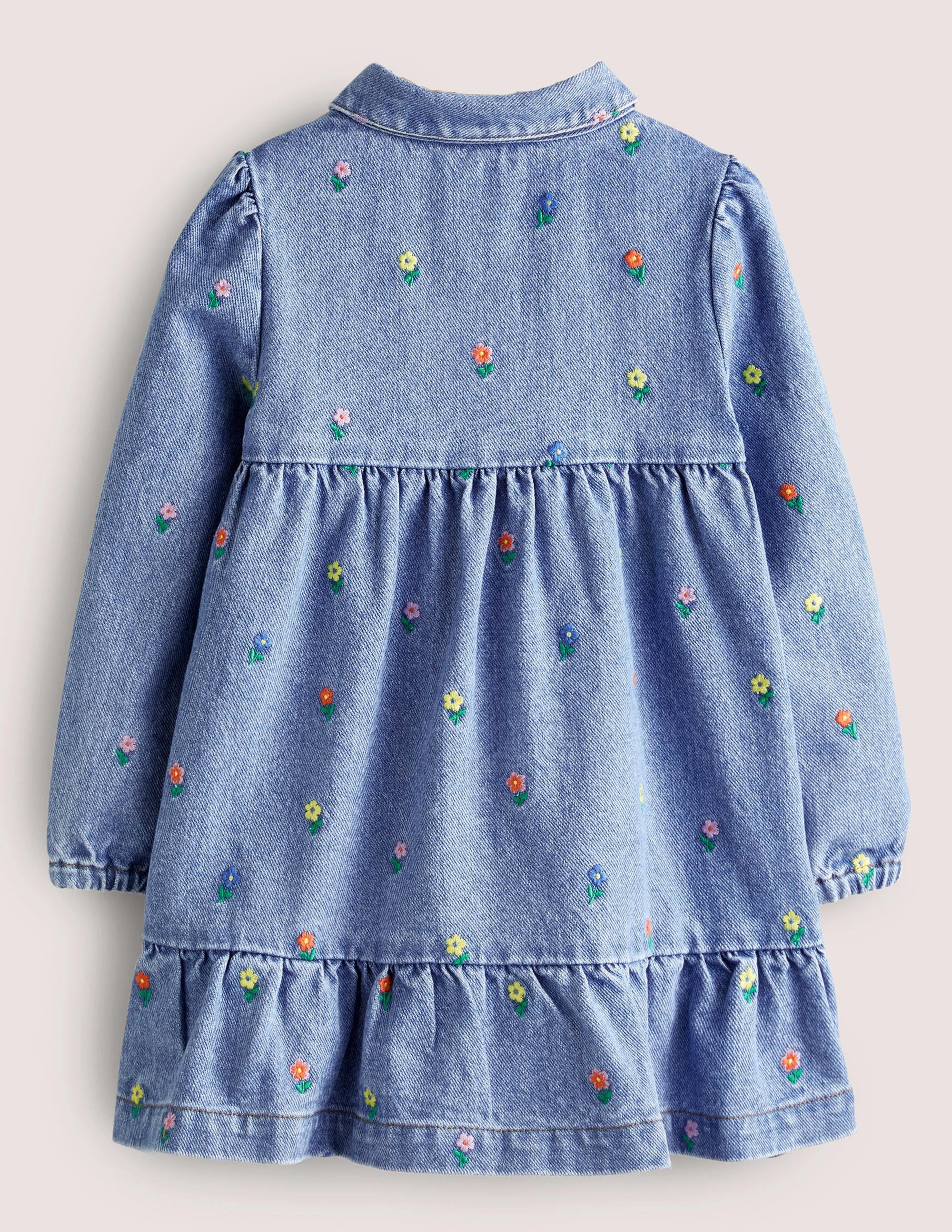 Long Sleeve Denim Dress-Mid Vintage Denim Flowers - Image 2