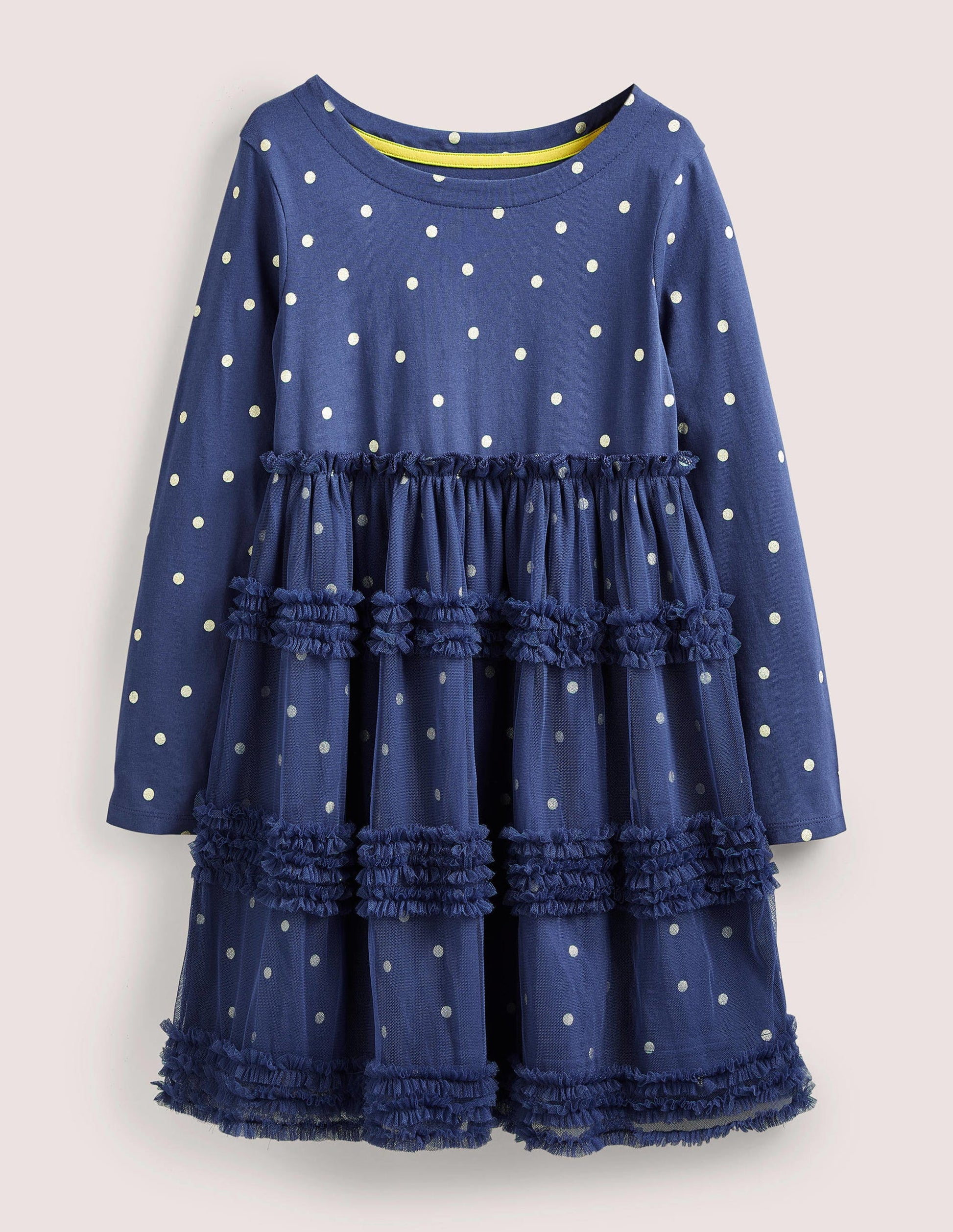 Long Sleeve Jersey Tulle Dress-Starboard Blue/Gold Spot-1