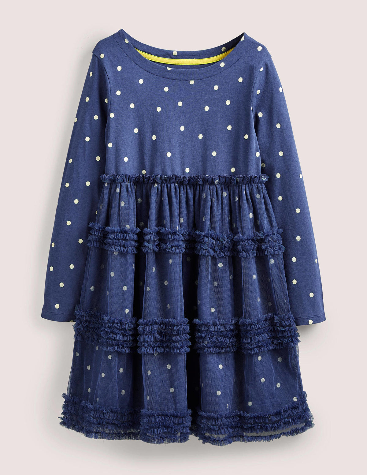 Long Sleeve Jersey Tulle Dress-Starboard Blue/Gold Spot - Image 1