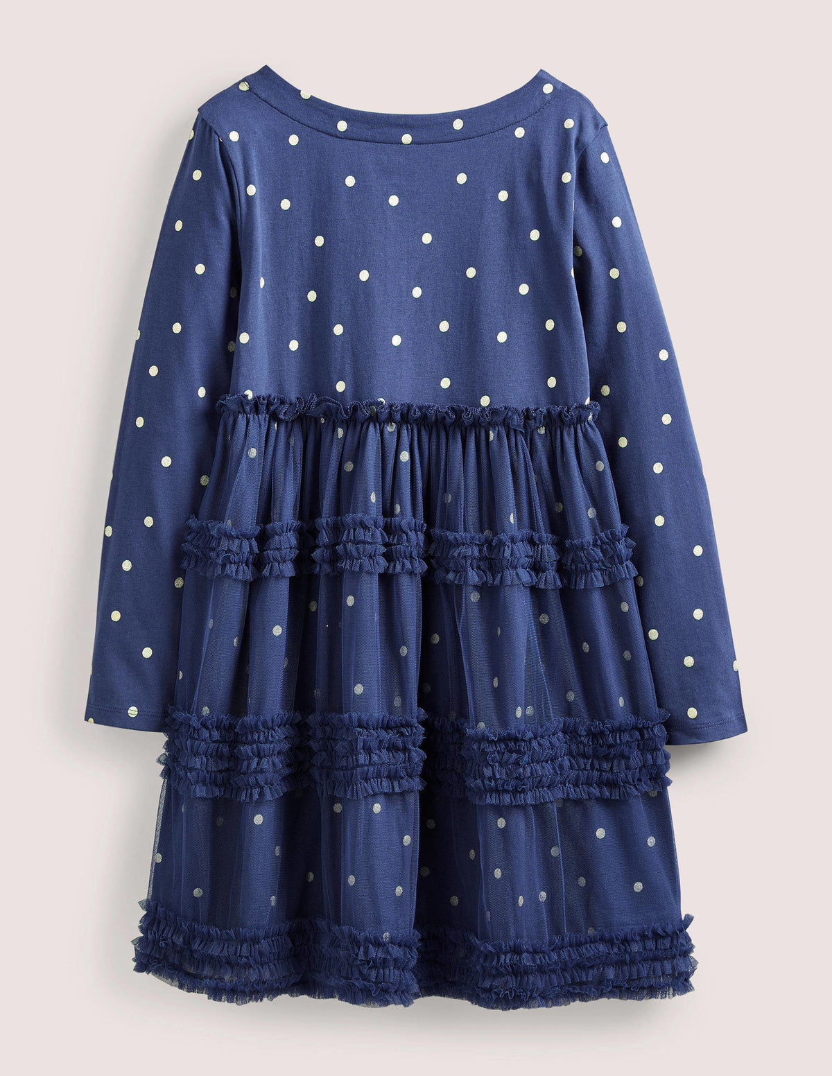 Long Sleeve Jersey Tulle Dress-Starboard Blue/Gold Spot-2