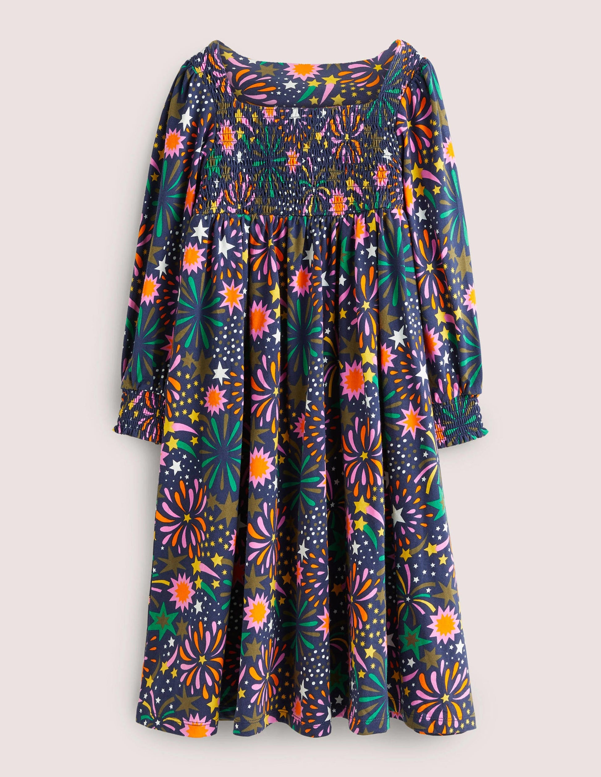 Smocked Bodice Trapeze Dress-Multi Firework-1
