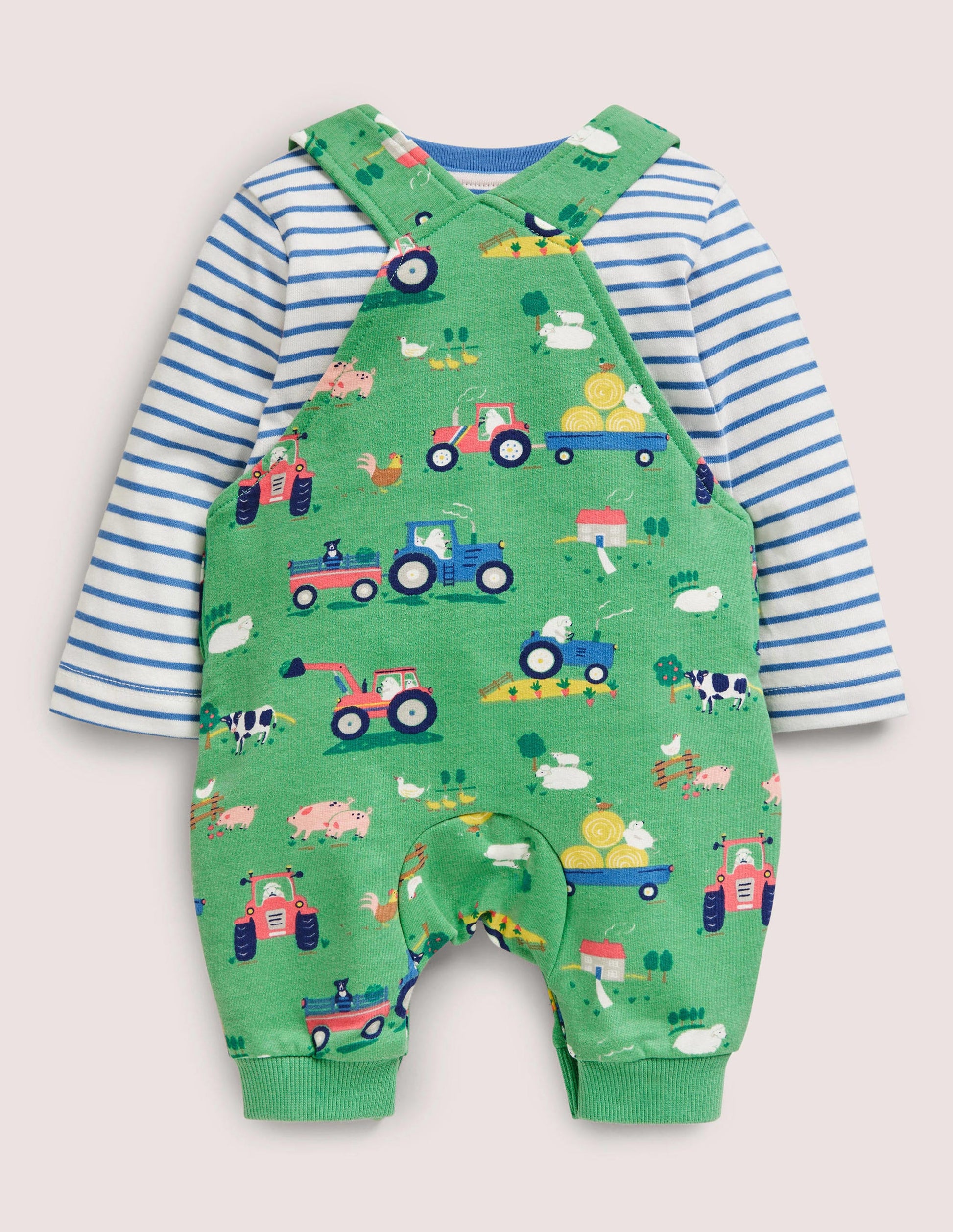 Jersey Dungaree Set-Iguana Green Farm Friends-2