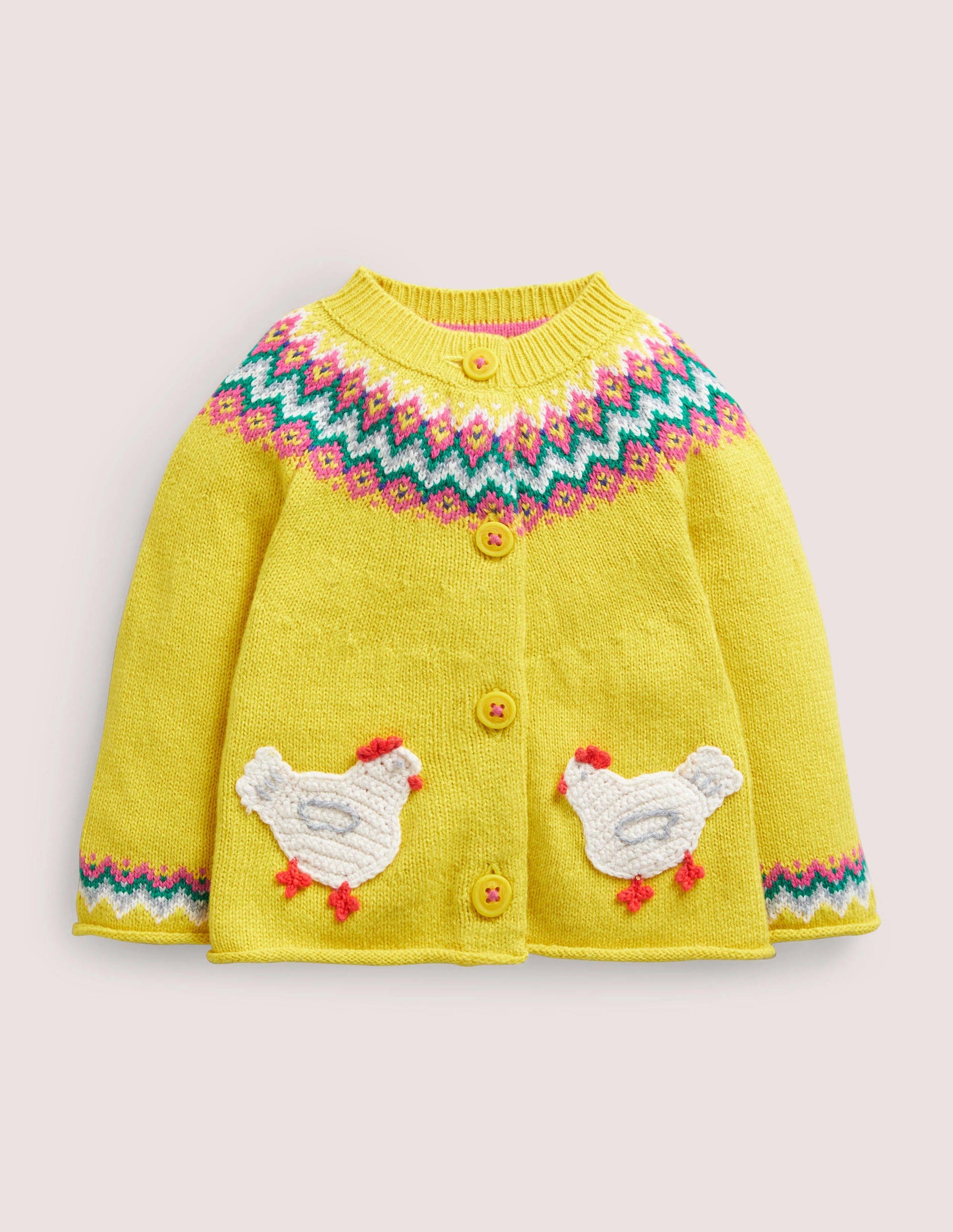Novelty Fair Isle Cardigan-Sweetcorn Yellow Fairisle Hens-1