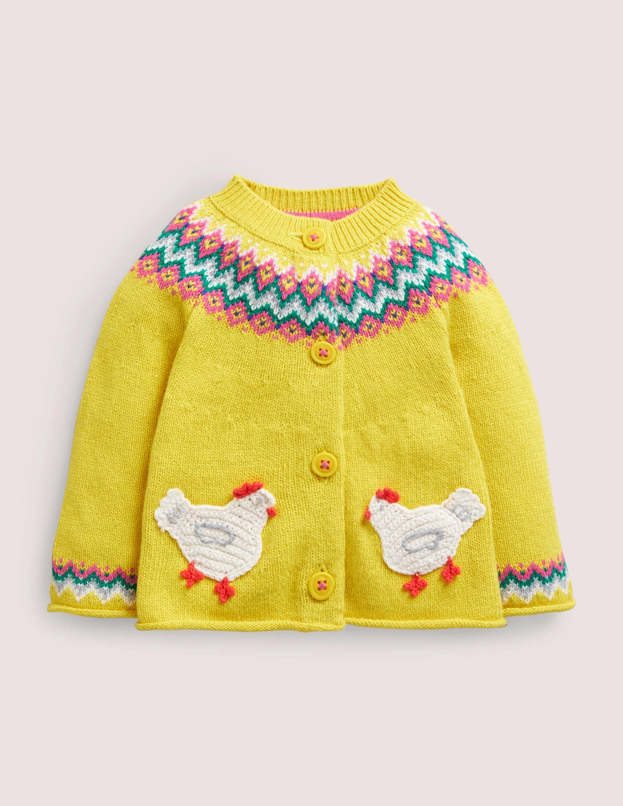 Novelty Fair Isle Cardigan-Sweetcorn Yellow Fairisle Hens - Image 1
