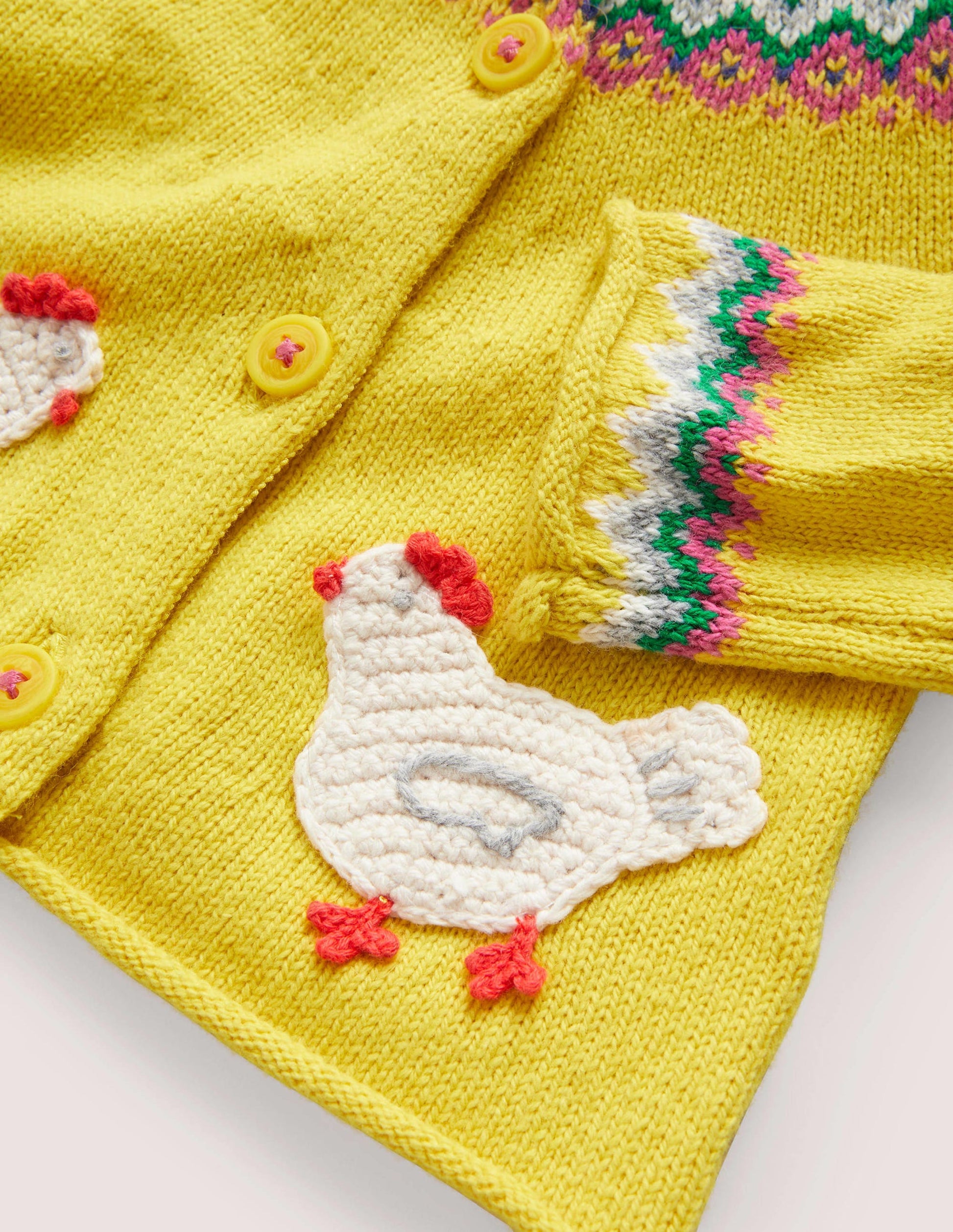Novelty Fair Isle Cardigan-Sweetcorn Yellow Fairisle Hens-3