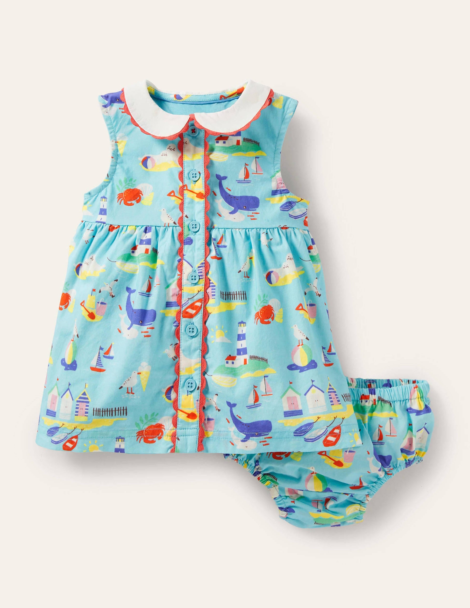 Sleeveless Collared Dress-Aqua Blue Coastal Scene-1