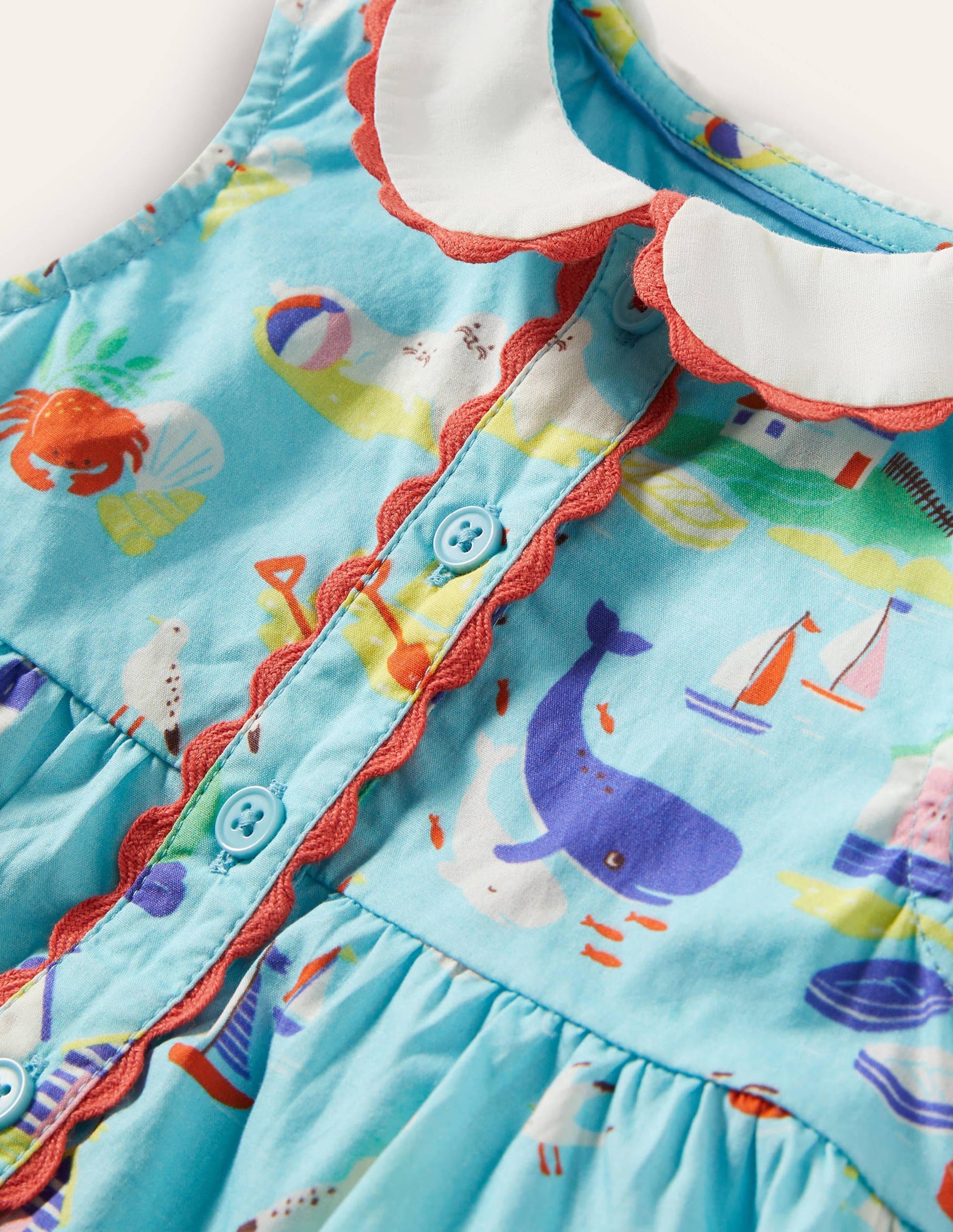 Sleeveless Collared Dress-Aqua Blue Coastal Scene-3