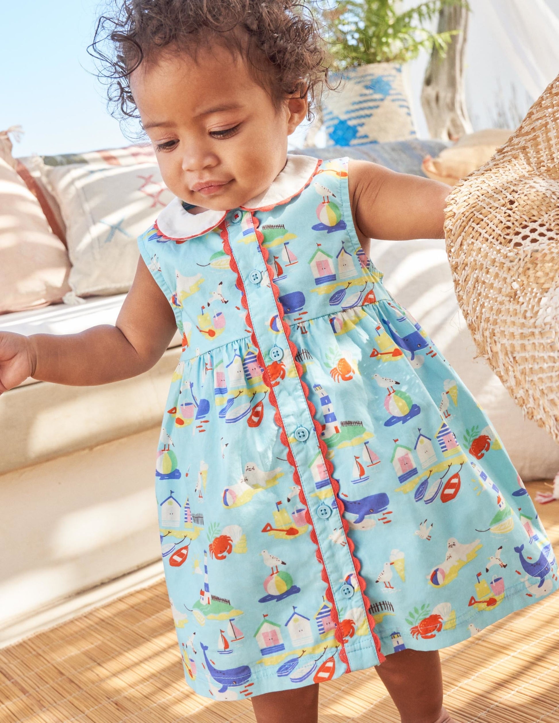 Sleeveless Collared Dress-Aqua Blue Coastal Scene-4