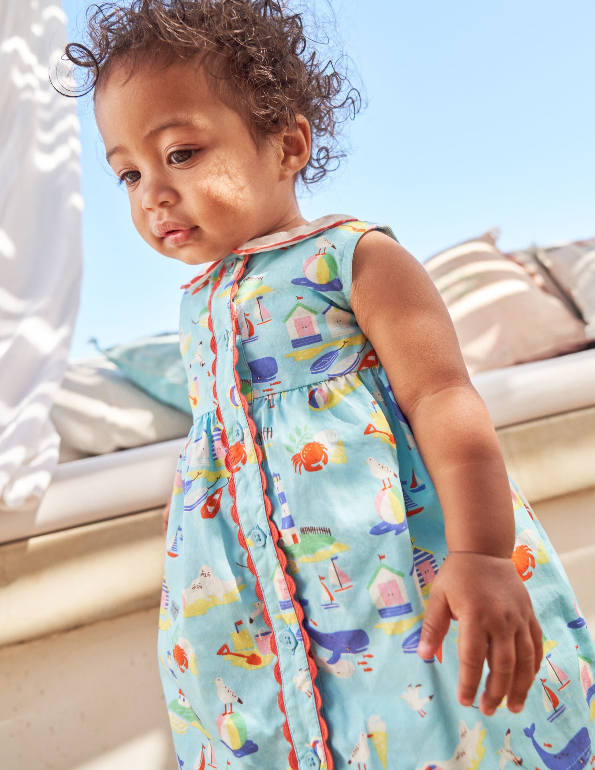 Sleeveless Collared Dress-Aqua Blue Coastal Scene-5
