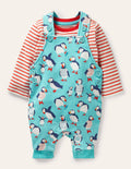 Printed Jersey Dungaree Set-Aqua Blue Puffins