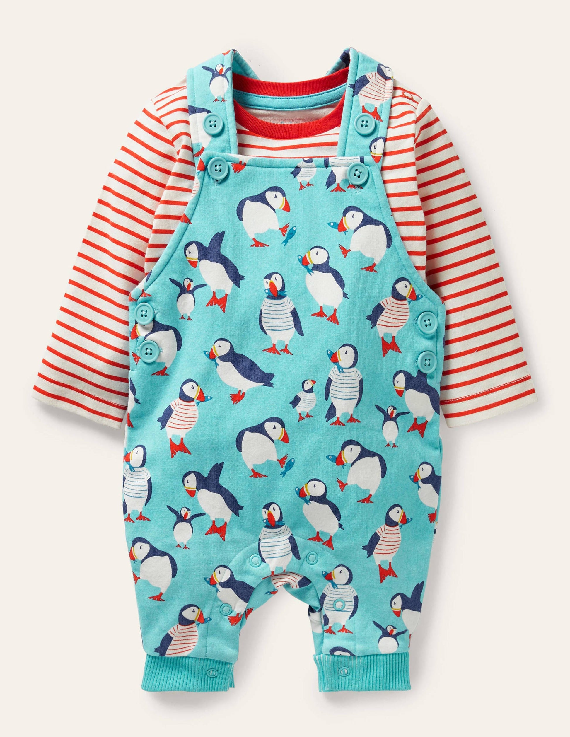 Printed Jersey Dungaree Set-Aqua Blue Puffins-1