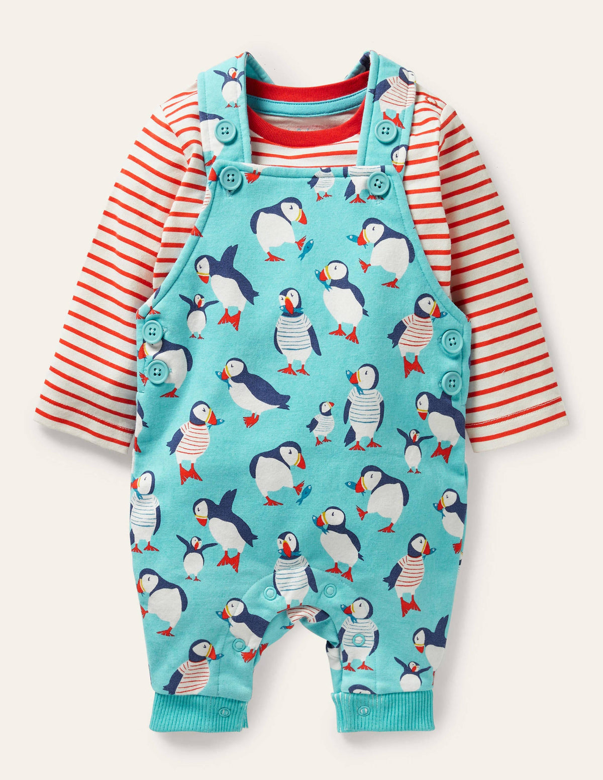 Printed Jersey Dungaree Set-Aqua Blue Puffins - Image 1