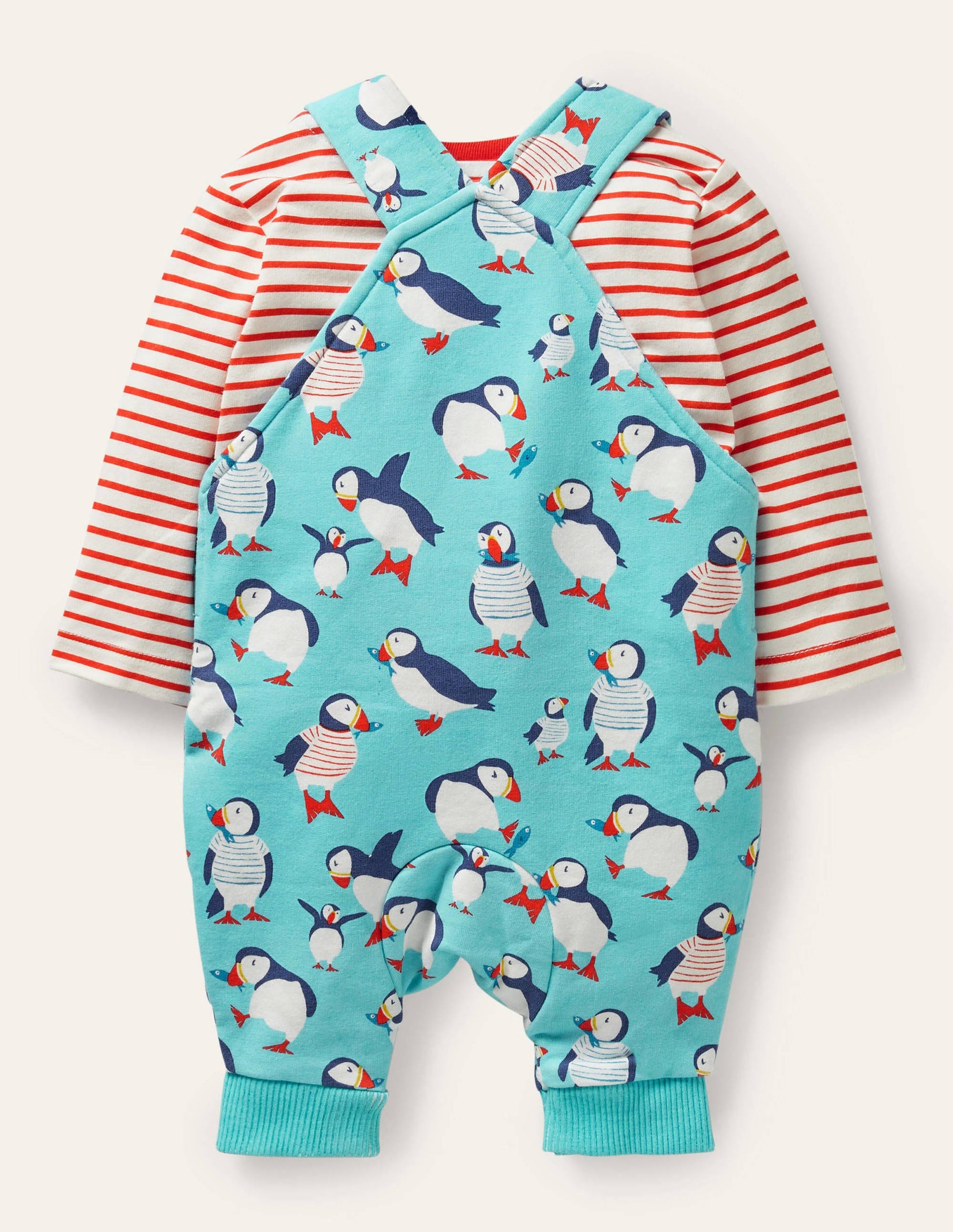 Printed Jersey Dungaree Set-Aqua Blue Puffins-2