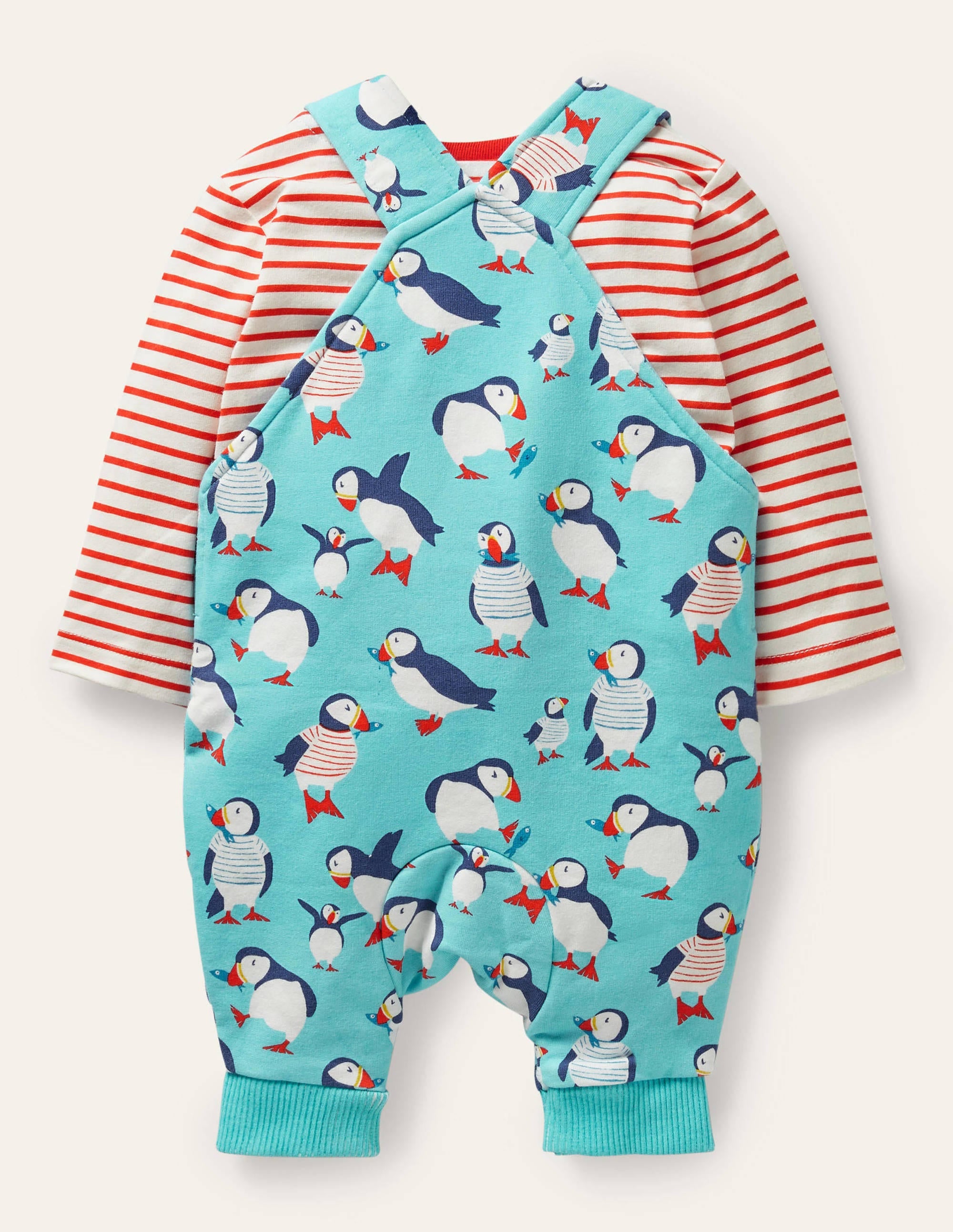 Printed Jersey Dungaree Set-Aqua Blue Puffins - Image 2