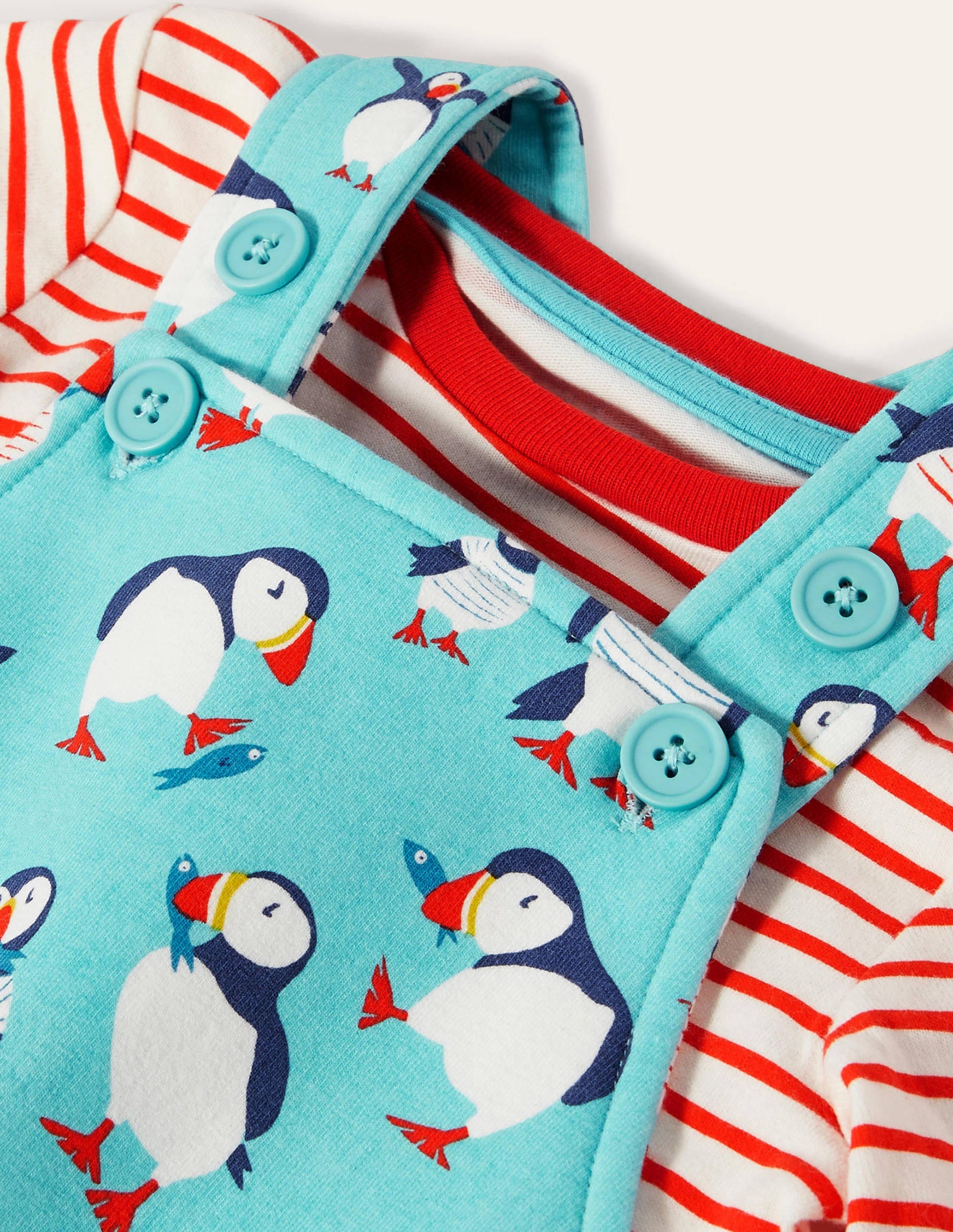 Printed Jersey Dungaree Set-Aqua Blue Puffins-3