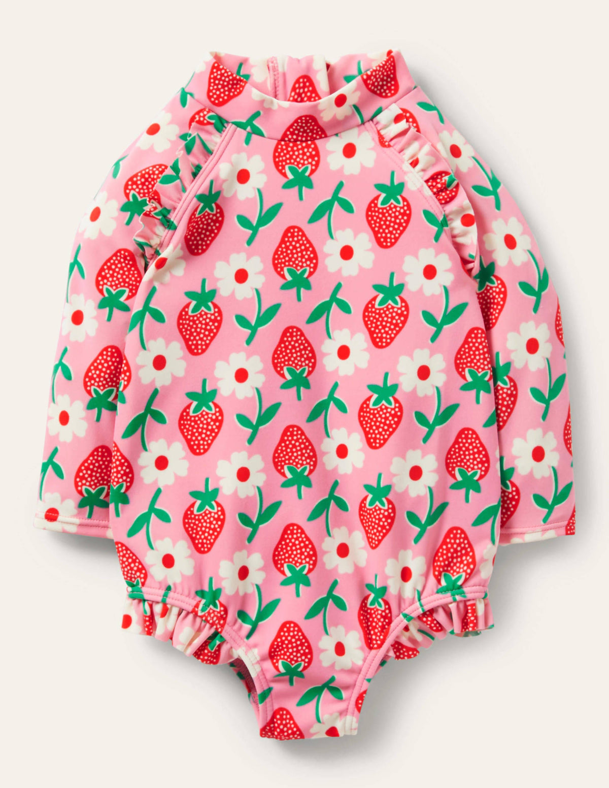 Long Sleeve Frilly Swimsuit-Pink Lemonade Strawberry Stamp-1
