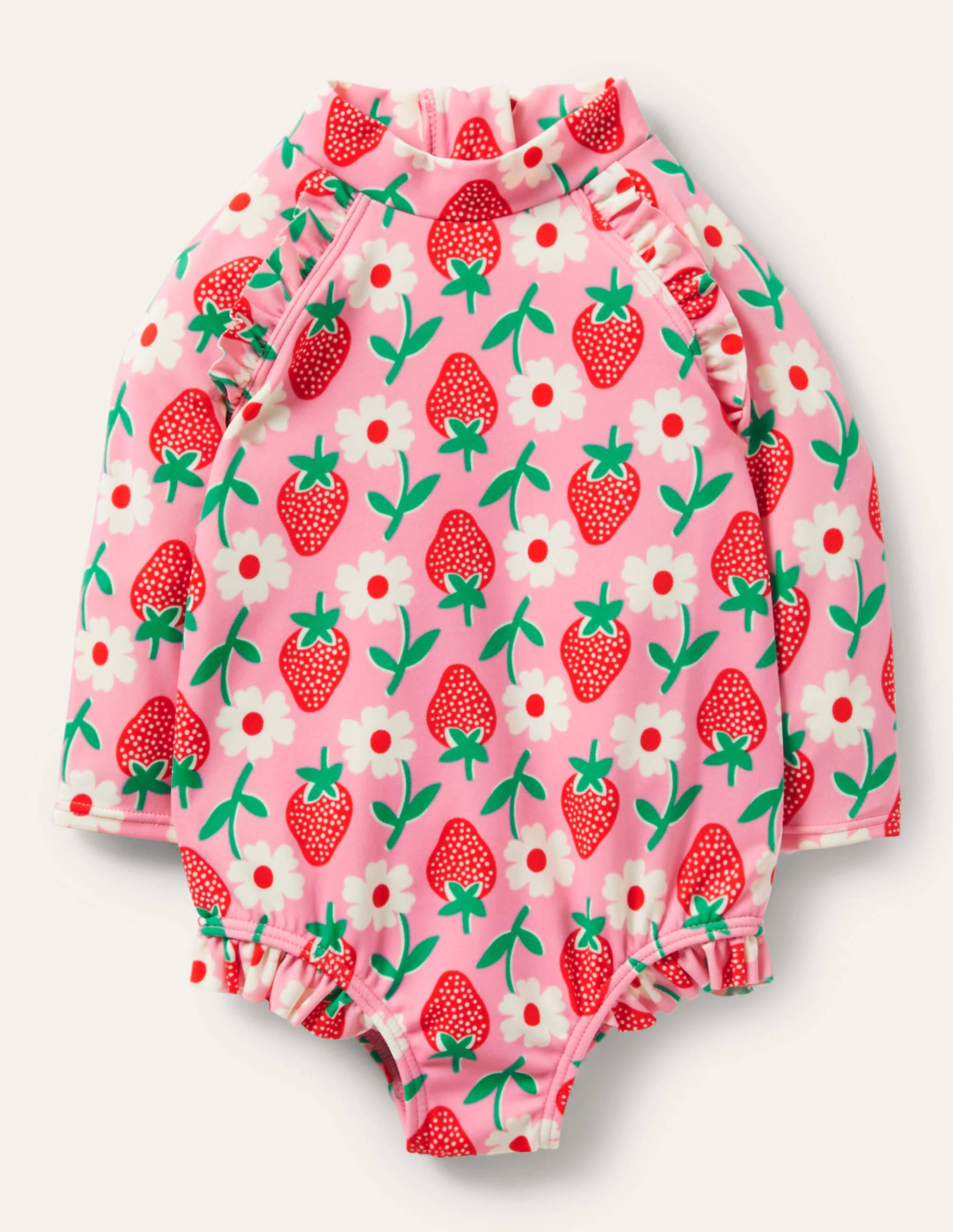 Long Sleeve Frilly Swimsuit-Pink Lemonade Strawberry Stamp - Image 1