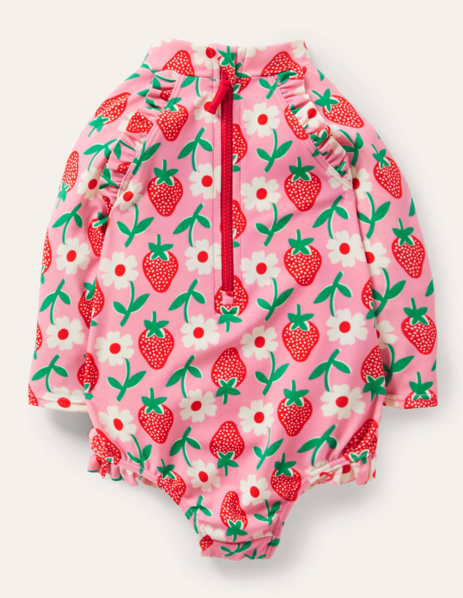 Long Sleeve Frilly Swimsuit-Pink Lemonade Strawberry Stamp-2
