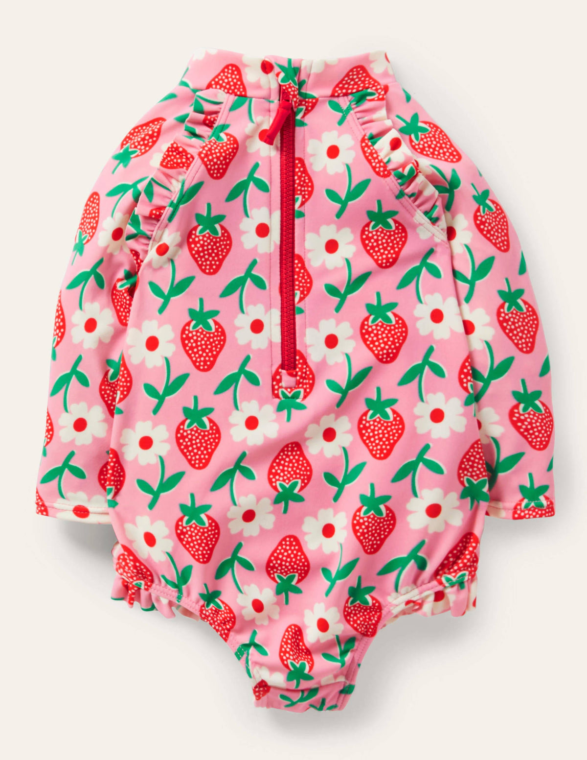 Long Sleeve Frilly Swimsuit-Pink Lemonade Strawberry Stamp - Image 2