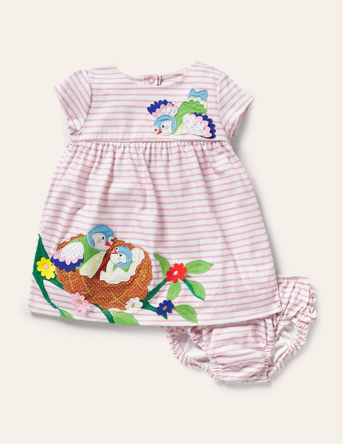 Fun Appliqué Jersey Dress-Pink Lemonade Birds-1