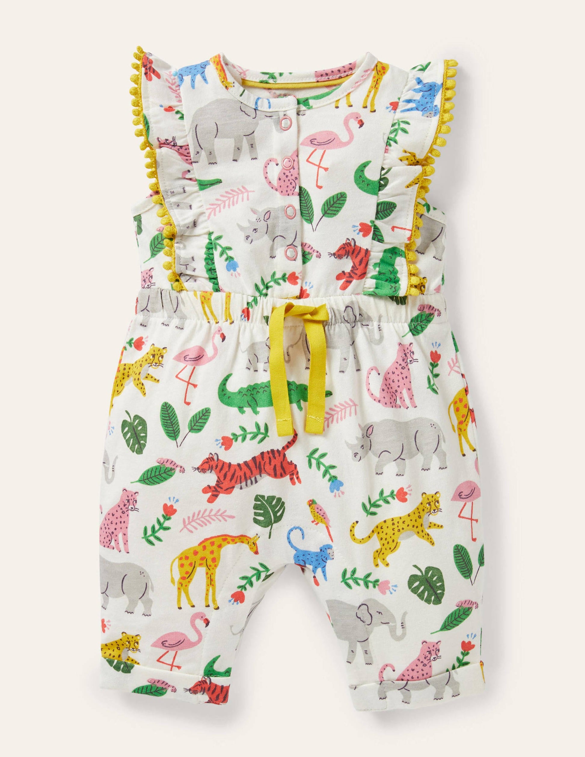 Jersey Ruffle Playsuit-Ivory Jungle Stamp-1