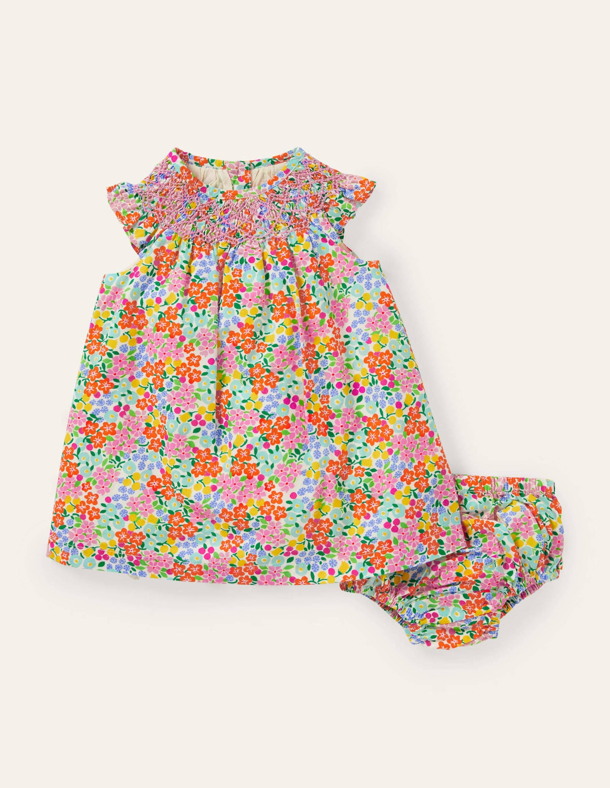 Smocked Woven Dress-Ivory Tropical Floral-1