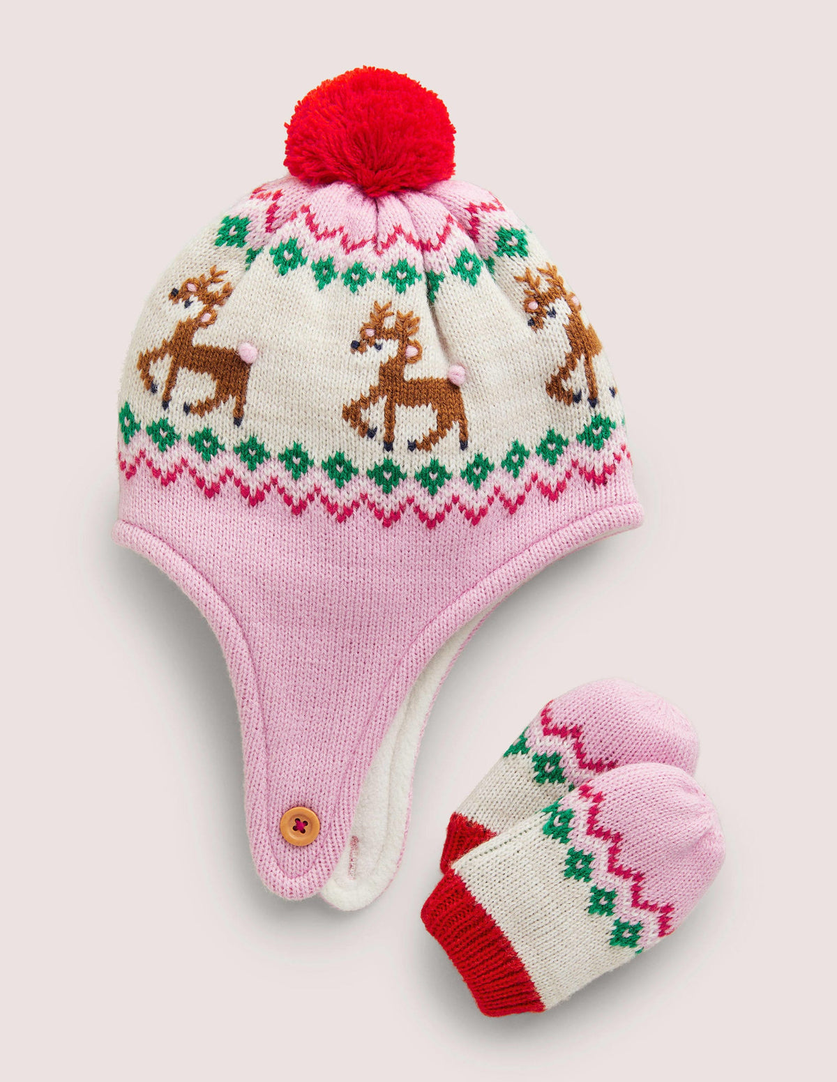 Novelty Hat and Mittens Set-Fair Isle Pink - Image 1
