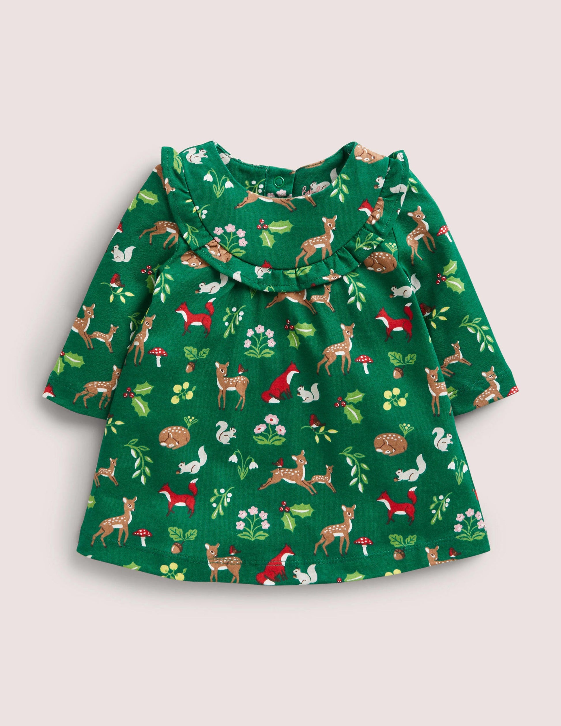 Printed Long Sleeve Dress-Shady Green Festive Woodland-1