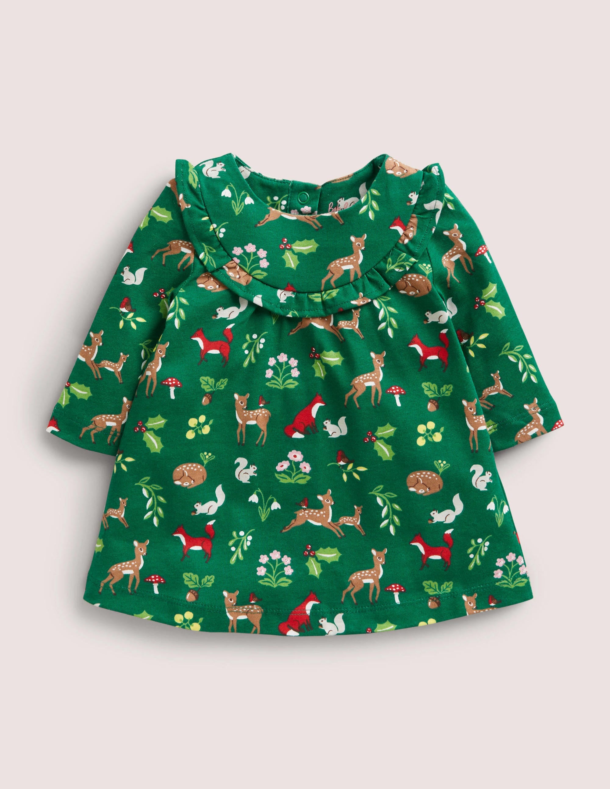 Printed Long Sleeve Dress-Shady Green Festive Woodland - Image 1