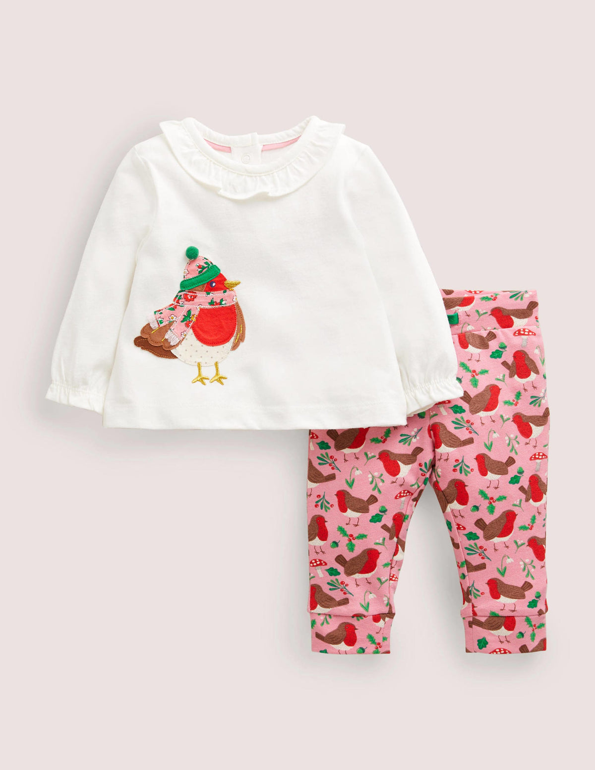 Appliqué Top & Leggings Set-Boto Pink Robins-1