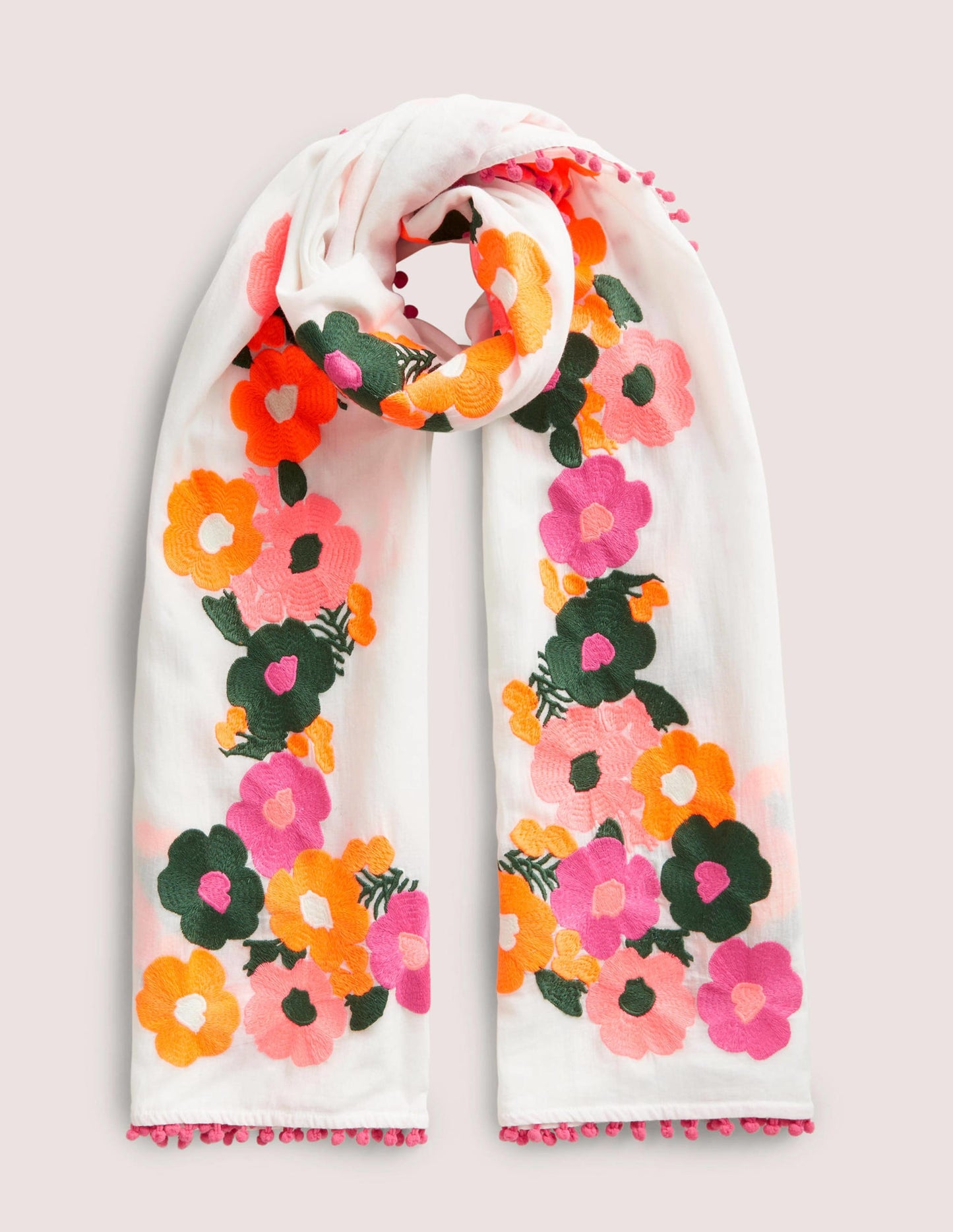 Embroidered Pompom Scarf-White