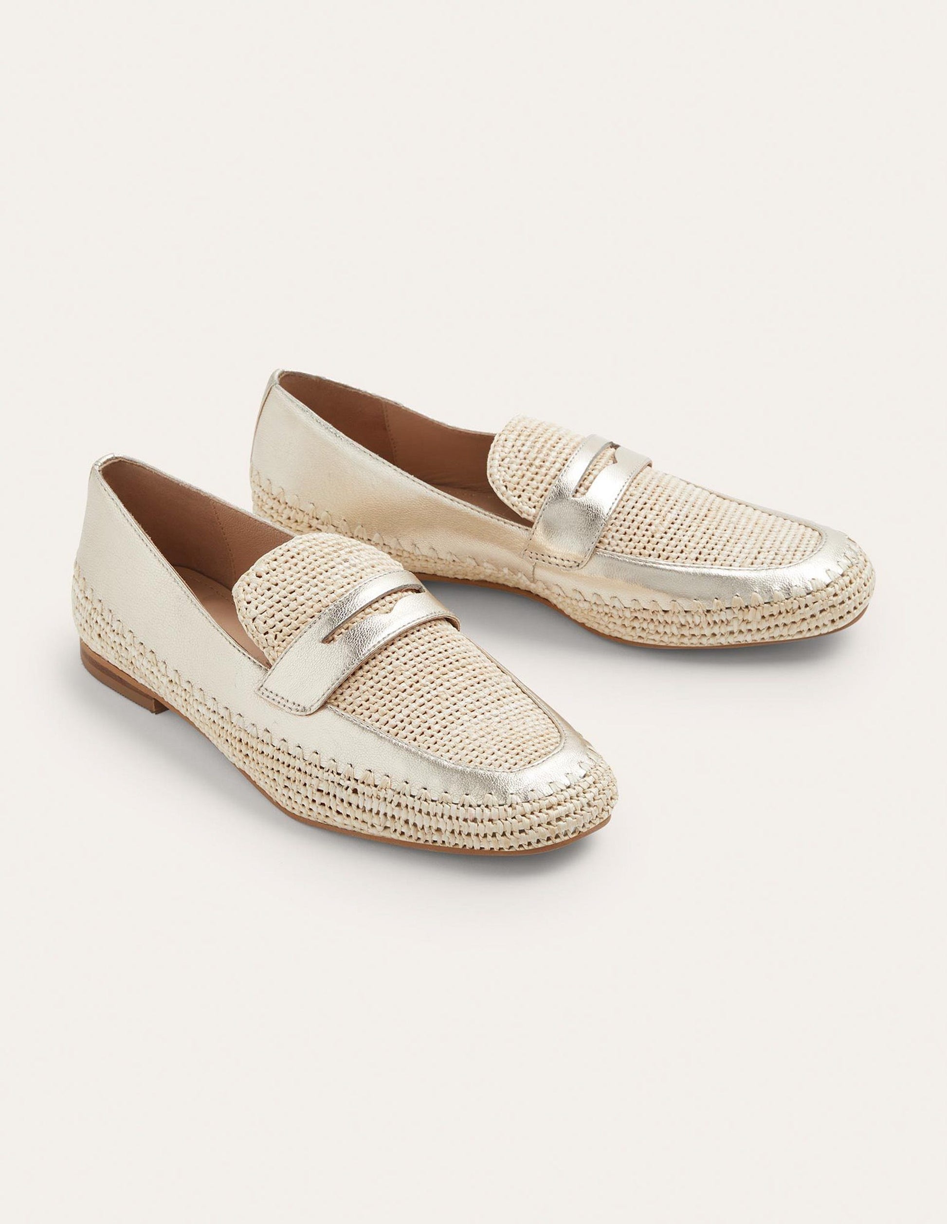 Lydia Raffia Detail Loafers-Pale Gold Metallic-2
