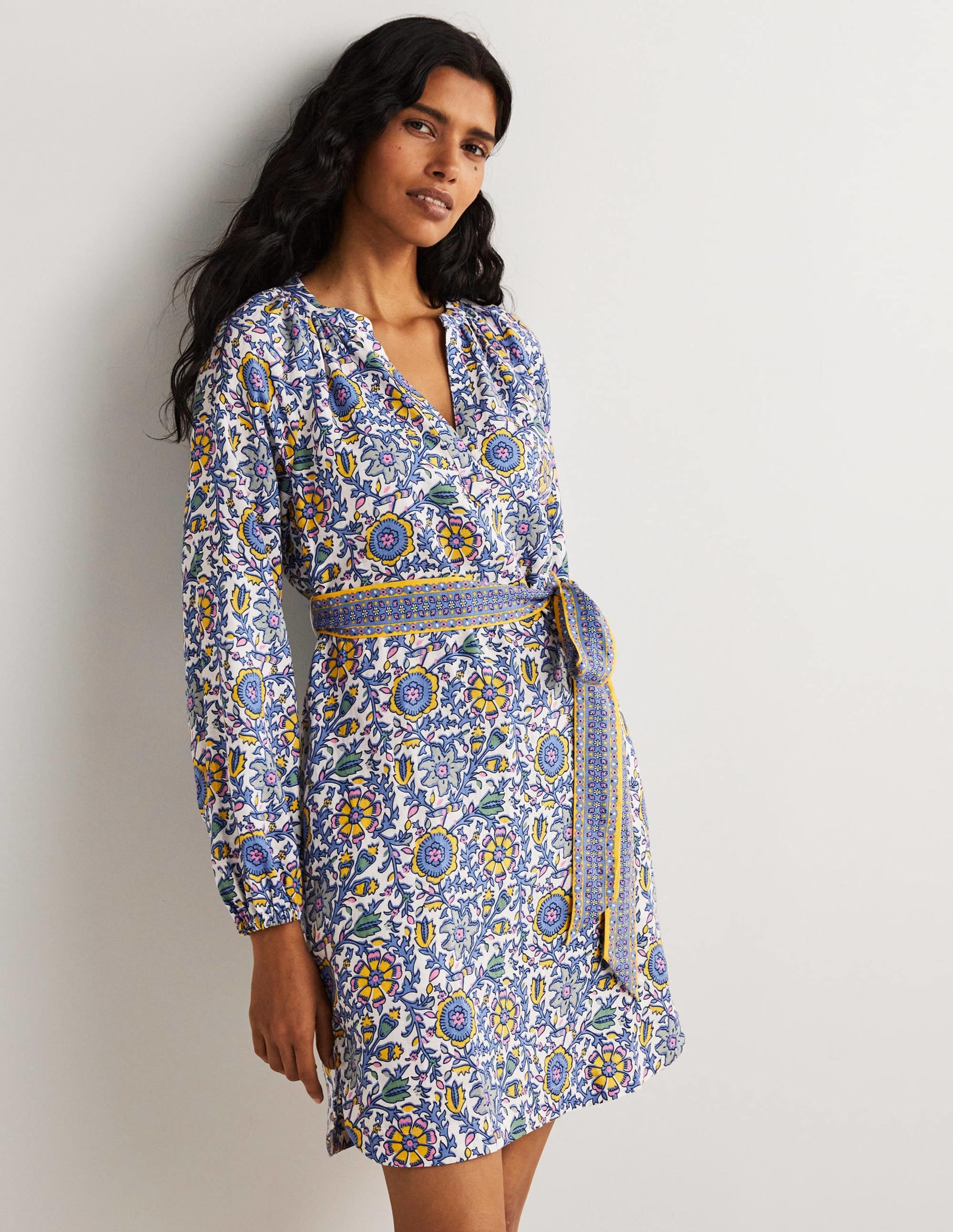 Notch Neck Linen Mini Dress-Riviera Blue, Enchanting Twig - Image 1