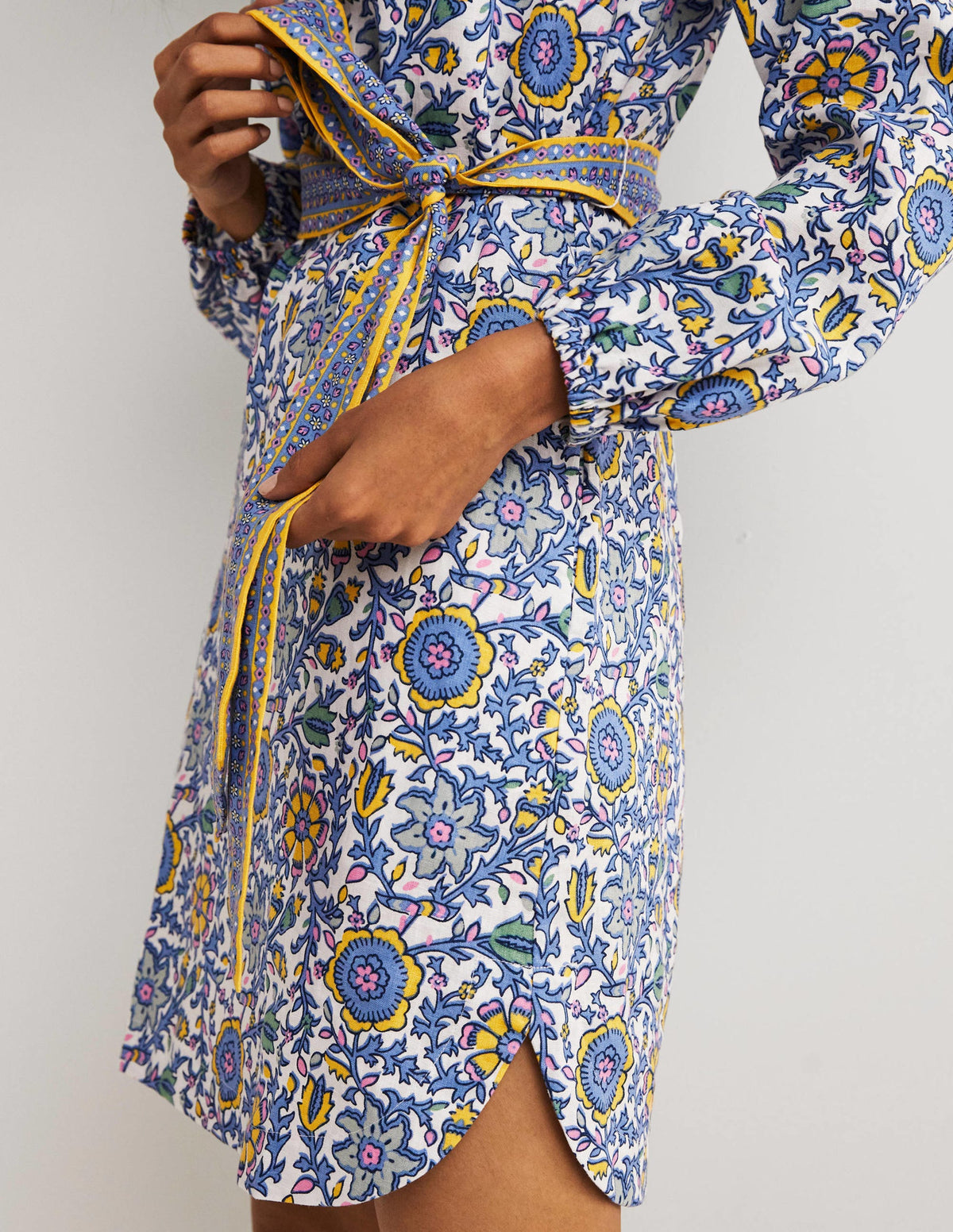 Notch Neck Linen Mini Dress-Riviera Blue, Enchanting Twig - Image 2