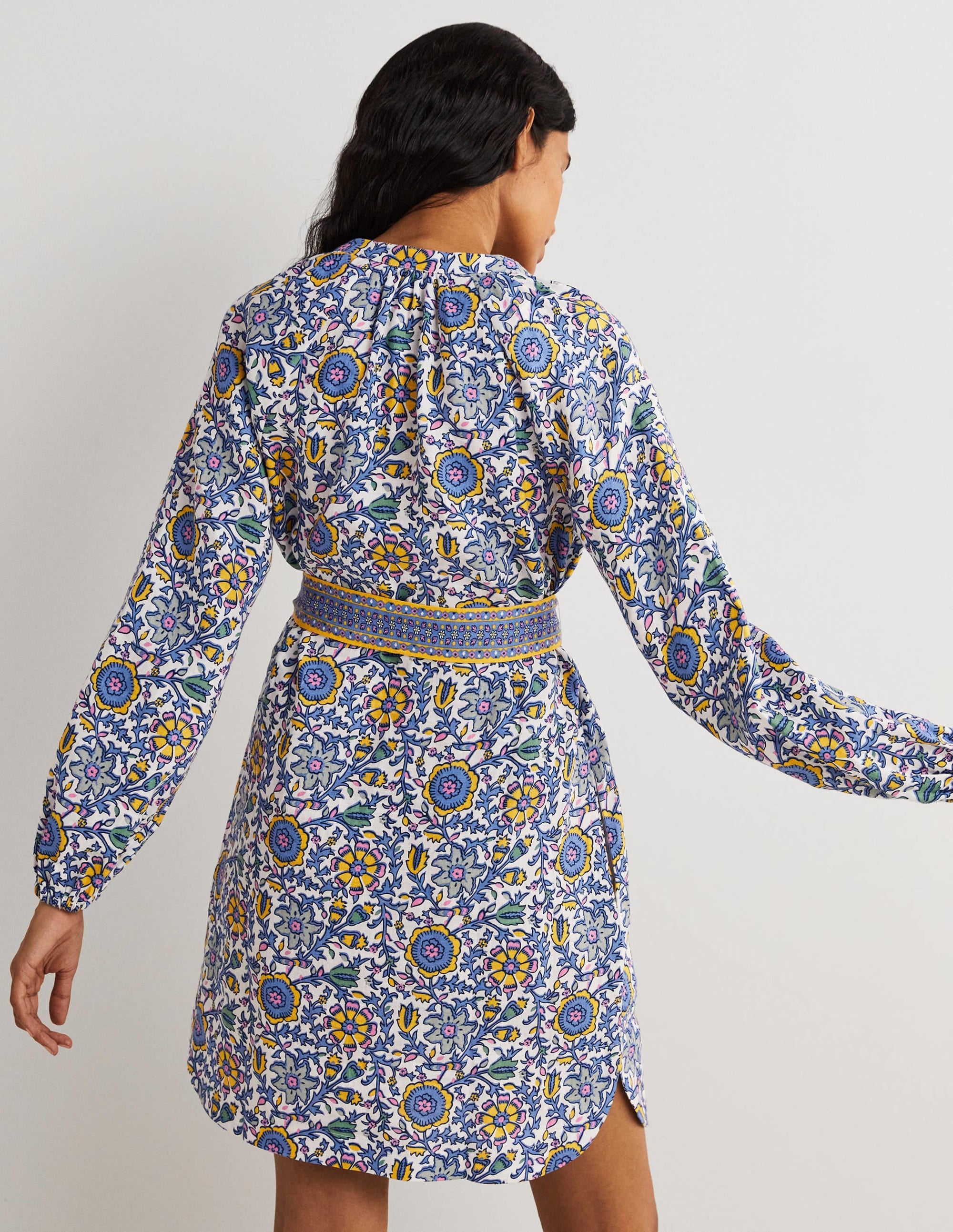 Notch Neck Linen Mini Dress-Riviera Blue, Enchanting Twig - Image 3