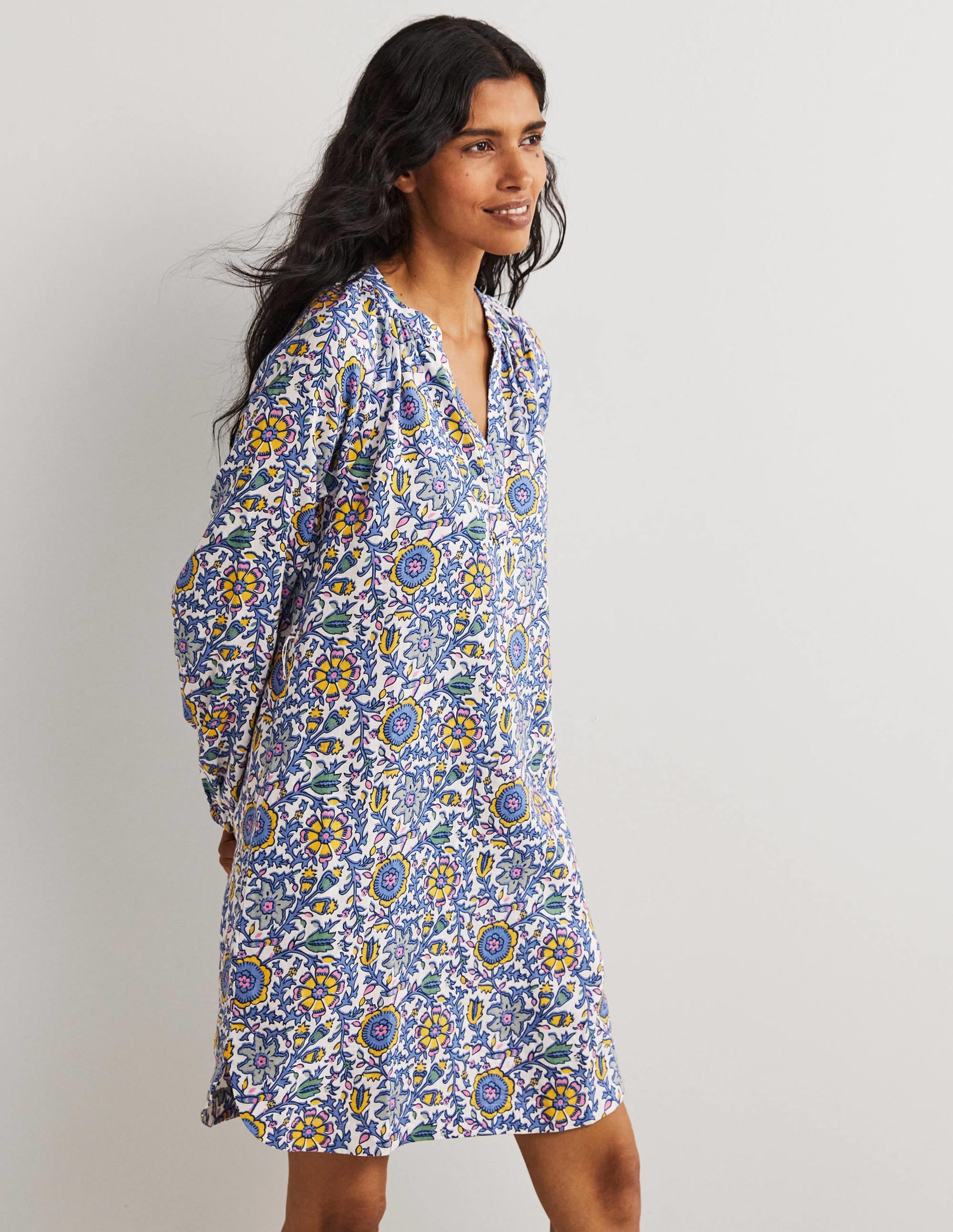 Notch Neck Linen Mini Dress-Riviera Blue, Enchanting Twig - Image 4